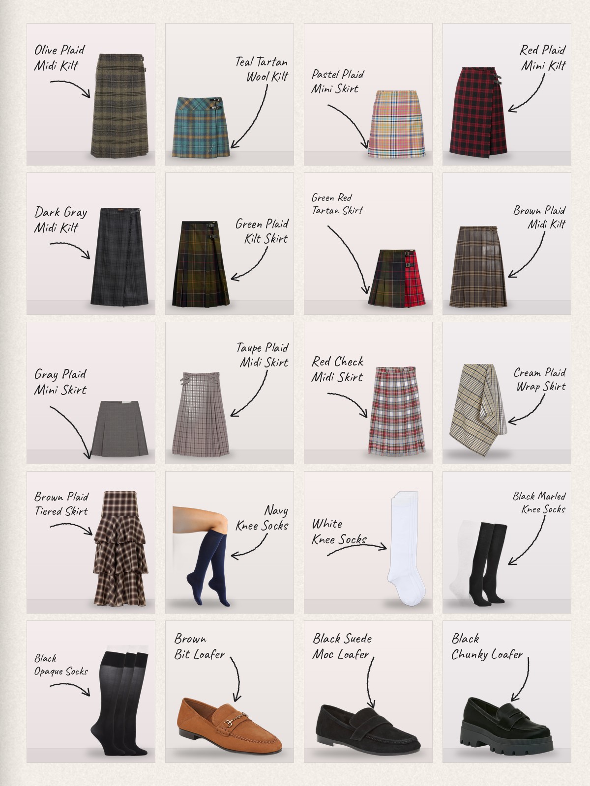 Collage: twenty Kilt products with handwritten labels