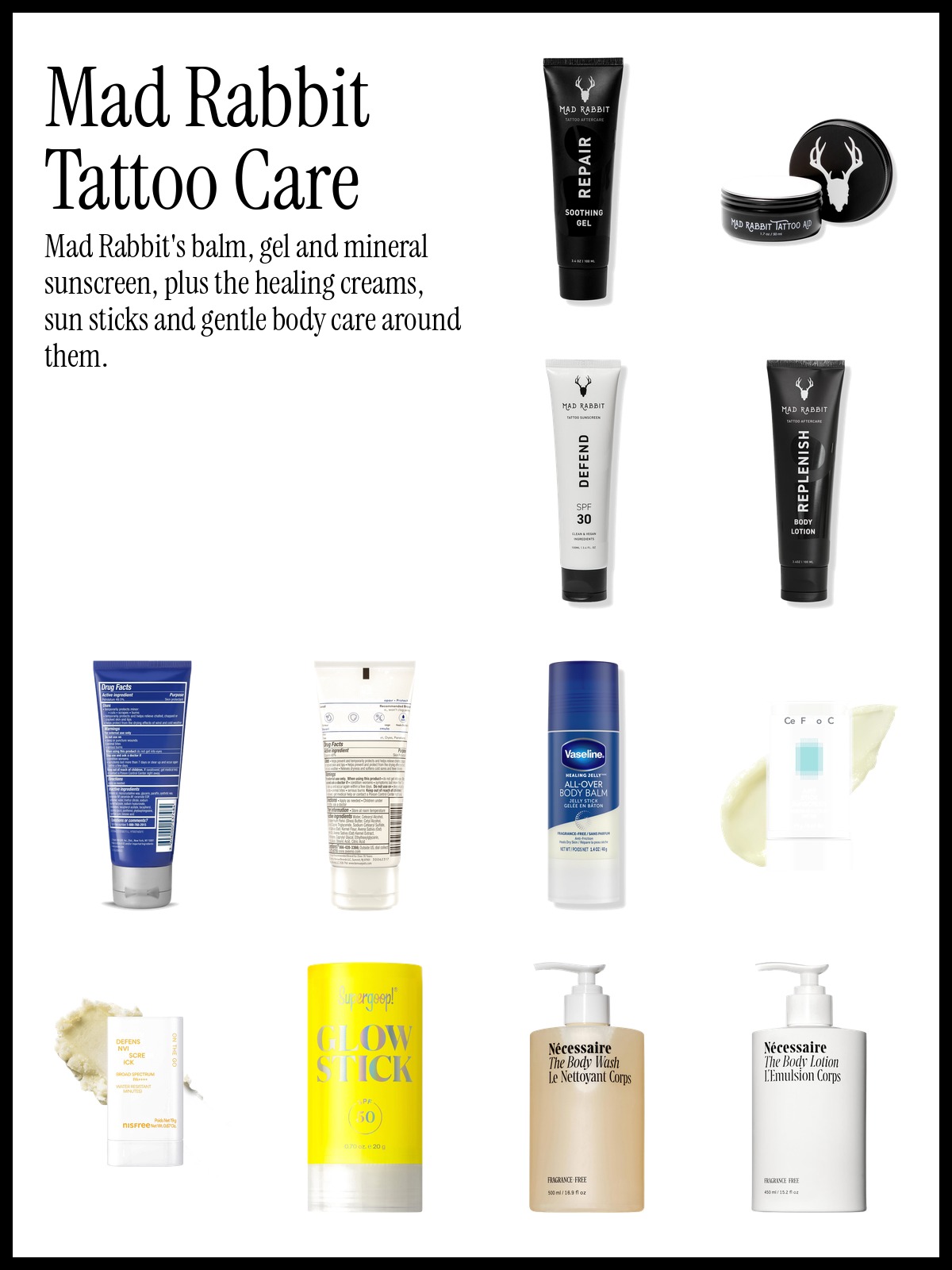 Collage of Mad Rabbit Tattoo Repair Soothing Gel, CeraVe Healing Ointment and Cell Fusion C Airy Stick Sunscreen SPF 50