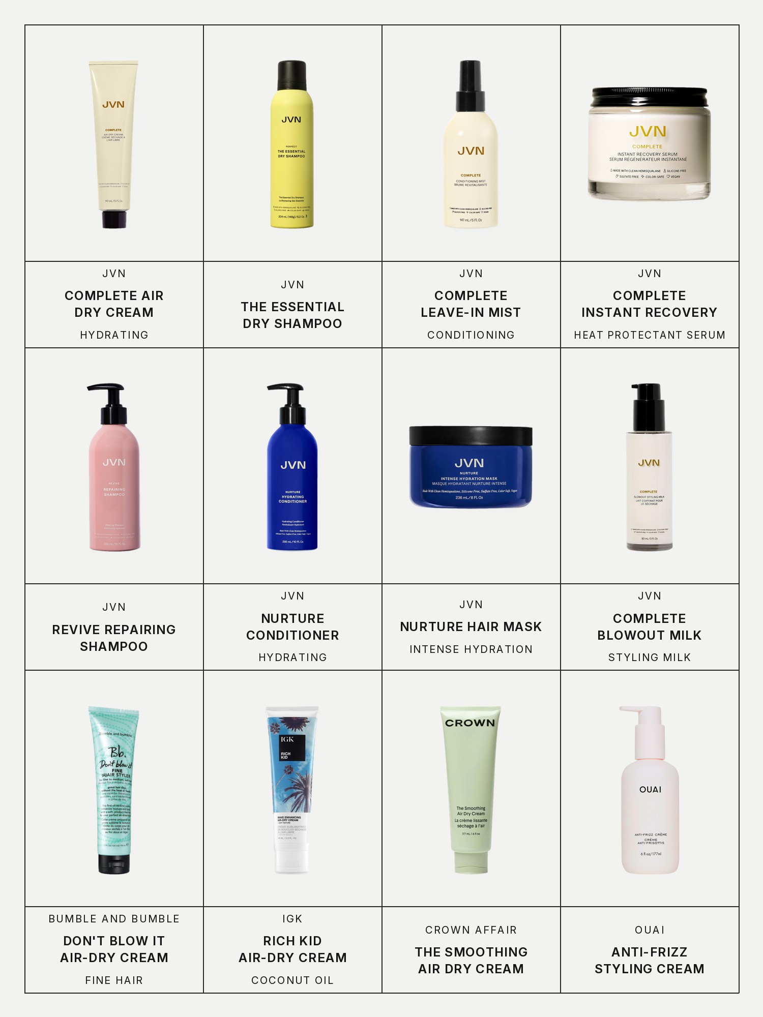 Twelve boxes on a pale grey page, one for each product in this edit, each with its brand and name printed below: JVN Complete Hydrating Air Dry Hair Styling Cream, JVN The Essential Dry Shampoo, JVN Complete Leave-In Conditioning Mist, JVN Complete Instant Recovery Heat Protectant Leave-In Serum, JVN Revive Repairing Shampoo for Damaged and Color Treated Hair, JVN Nurture Hydrating Conditioner For Dry Hair, JVN Nurture Intense Hydration Hair Mask, JVN Complete Blowout Styling Milk, Bumble and bumble Don't Blow It Fine Air-Dry Cream, IGK Rich Kid Coconut Oil Air-Dry Styling Cream, Crown Affair The Smoothing Air Dry Hair Styling Cream and Ouai Anti-Frizz Hair Styling Cream.