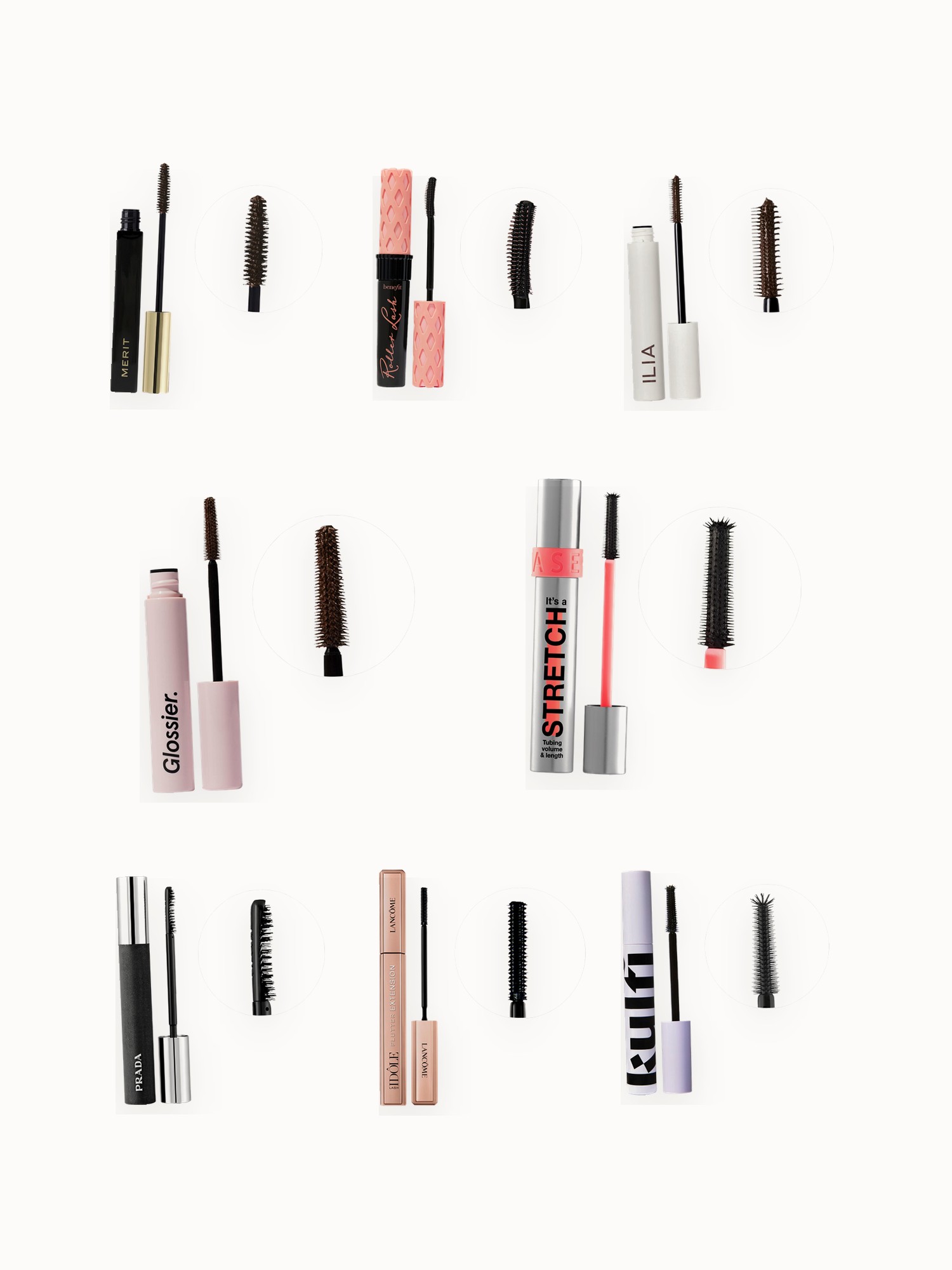 Flat lay of lengthening and tubing mascaras on an off-white background