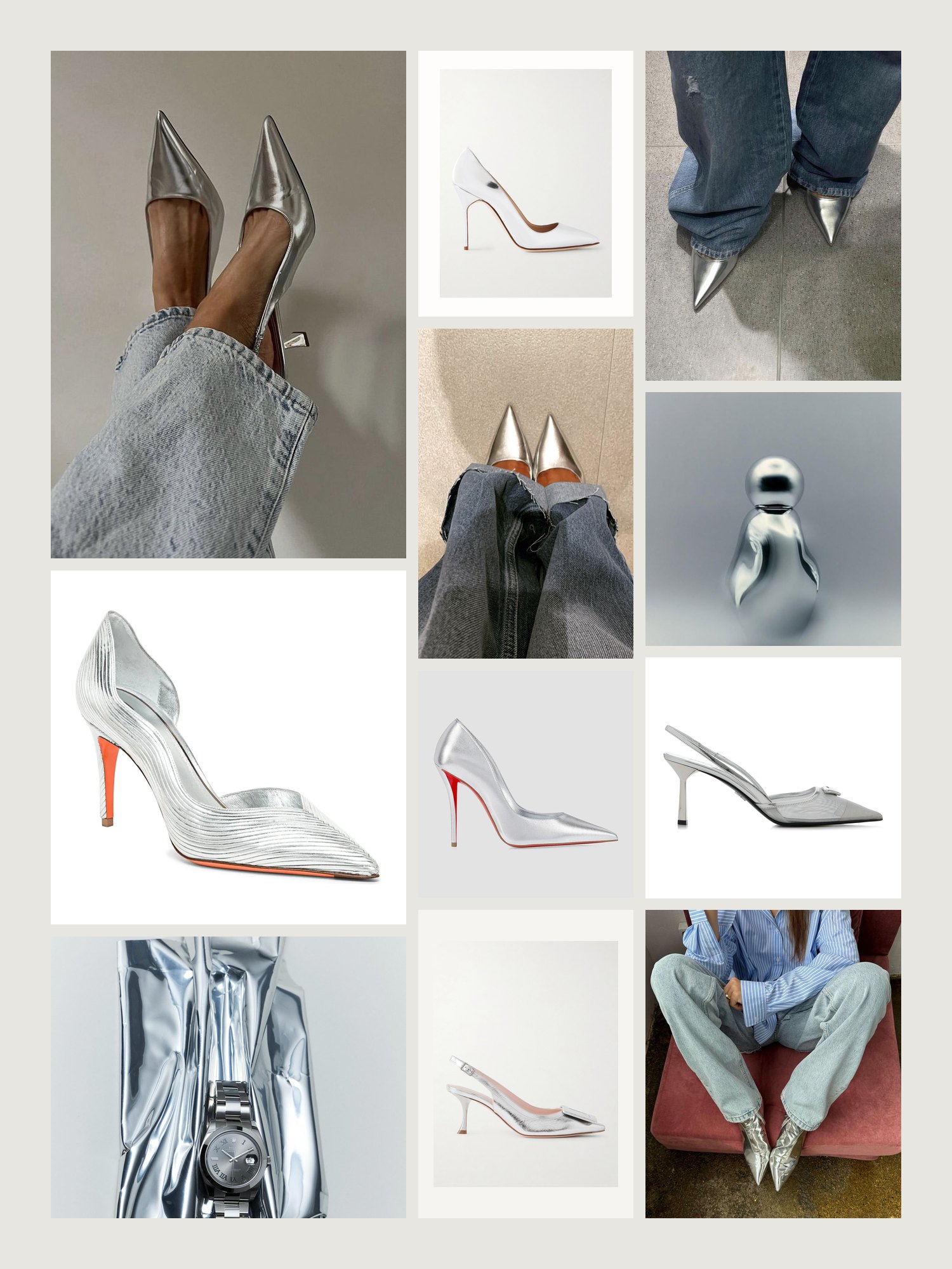 Vibe collage for silver pointed-toe heels: pointed toes peeking from denim hems, chrome objects and the pumps and slingbacks from the grid below