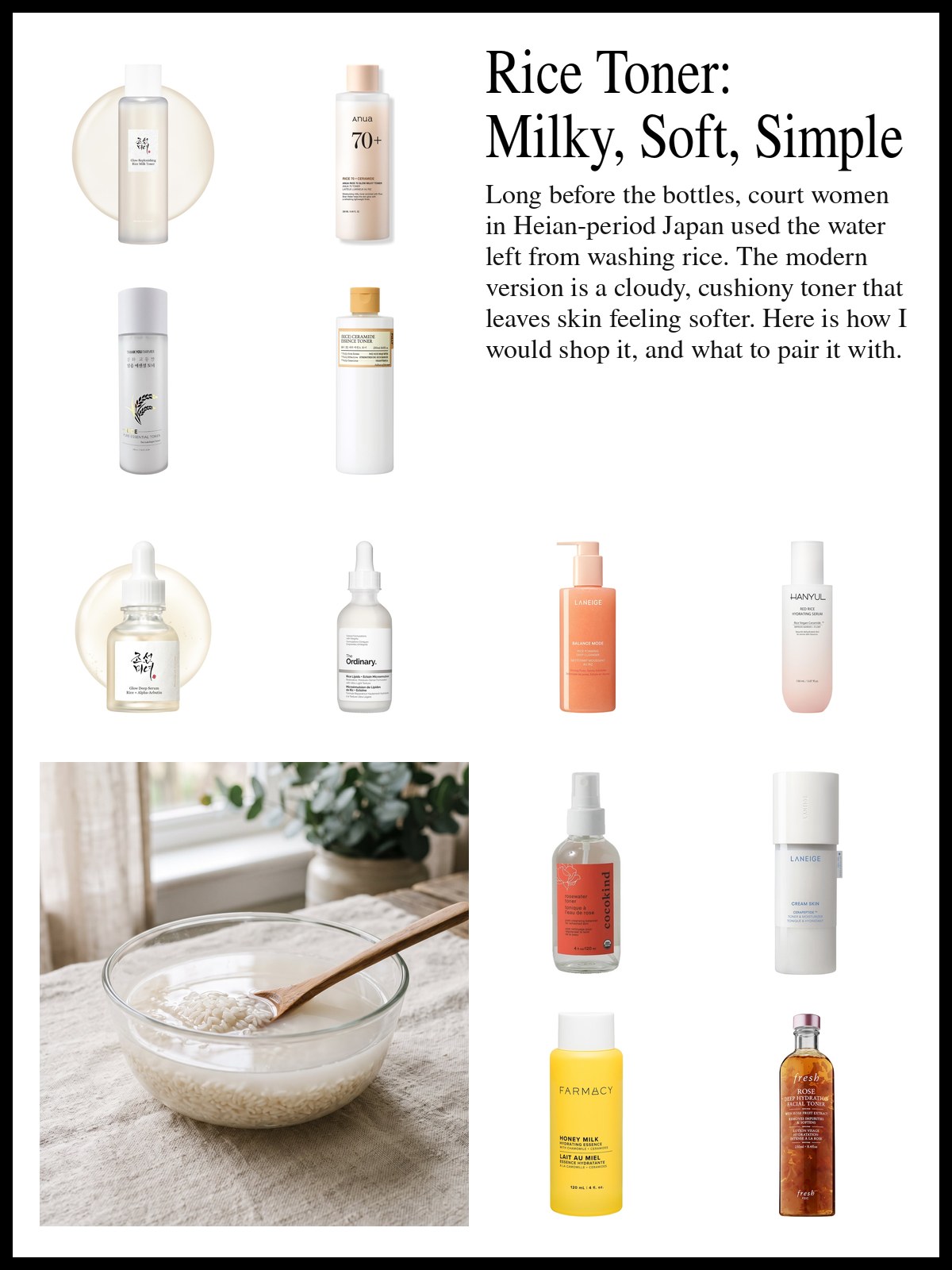 Collage of milky toner bottles, rice serums, a cleanser and hydrating essences, and a mood photo of a glass bowl of soaking rice with a wooden spoon.