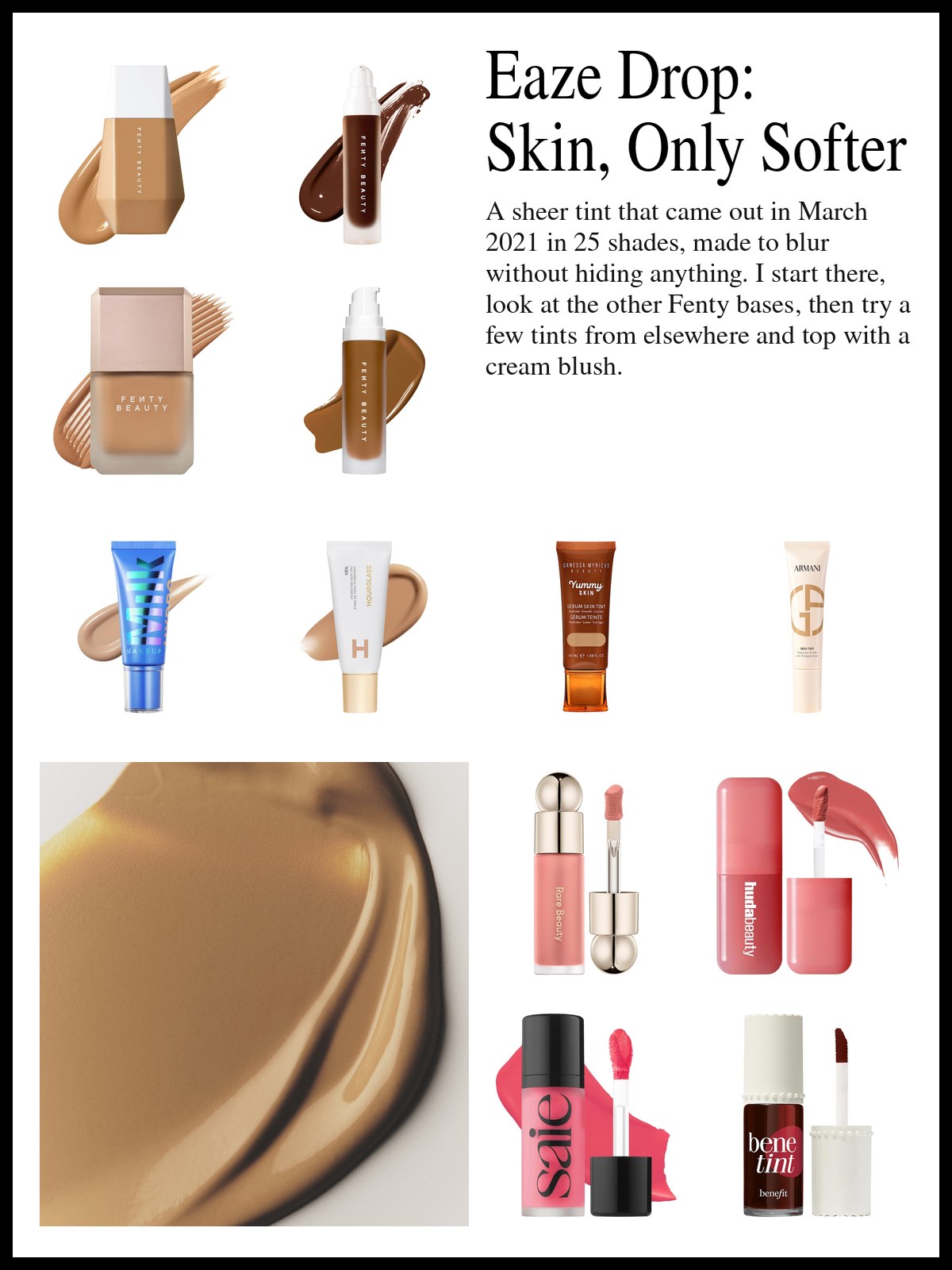 Collage of Fenty Beauty skin tint and foundations, other brands' skin tints and liquid blushes beside a mood photo of a golden swirl of skin tint.