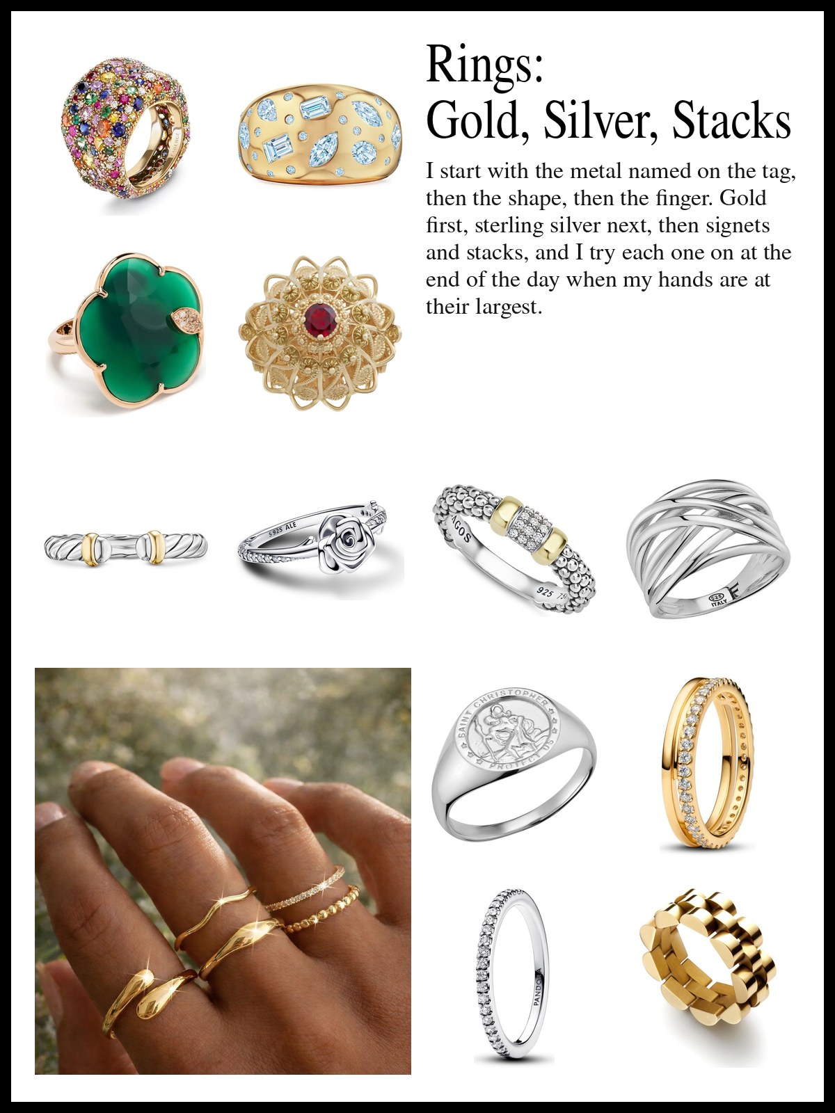 Collage of 14k and 18k gold rings, sterling silver rings, and signet, stacking and statement rings, and a mood photo of a hand stacked with thin gold rings.