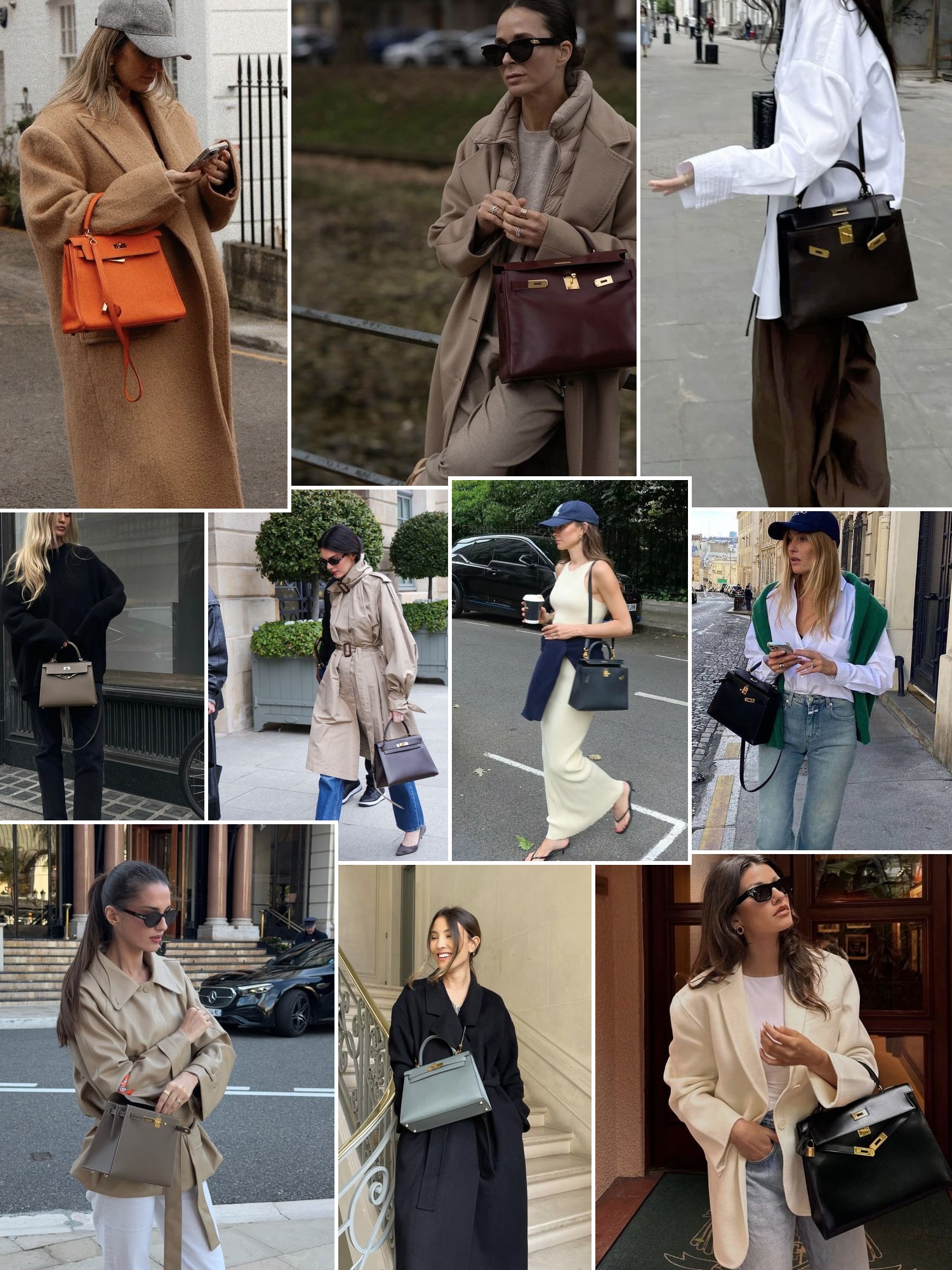 Street style collage of women wearing Hermès Kelly bag