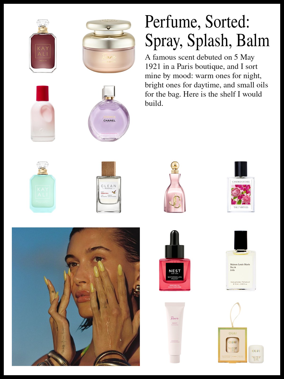 Collage of vanilla sprays, fruity florals and perfume oils beside a photo of a sun-lit woman with glossy lips and yellow almond nails touching her face, stacked gold coil bracelets on her wrists against a bright blue sky.