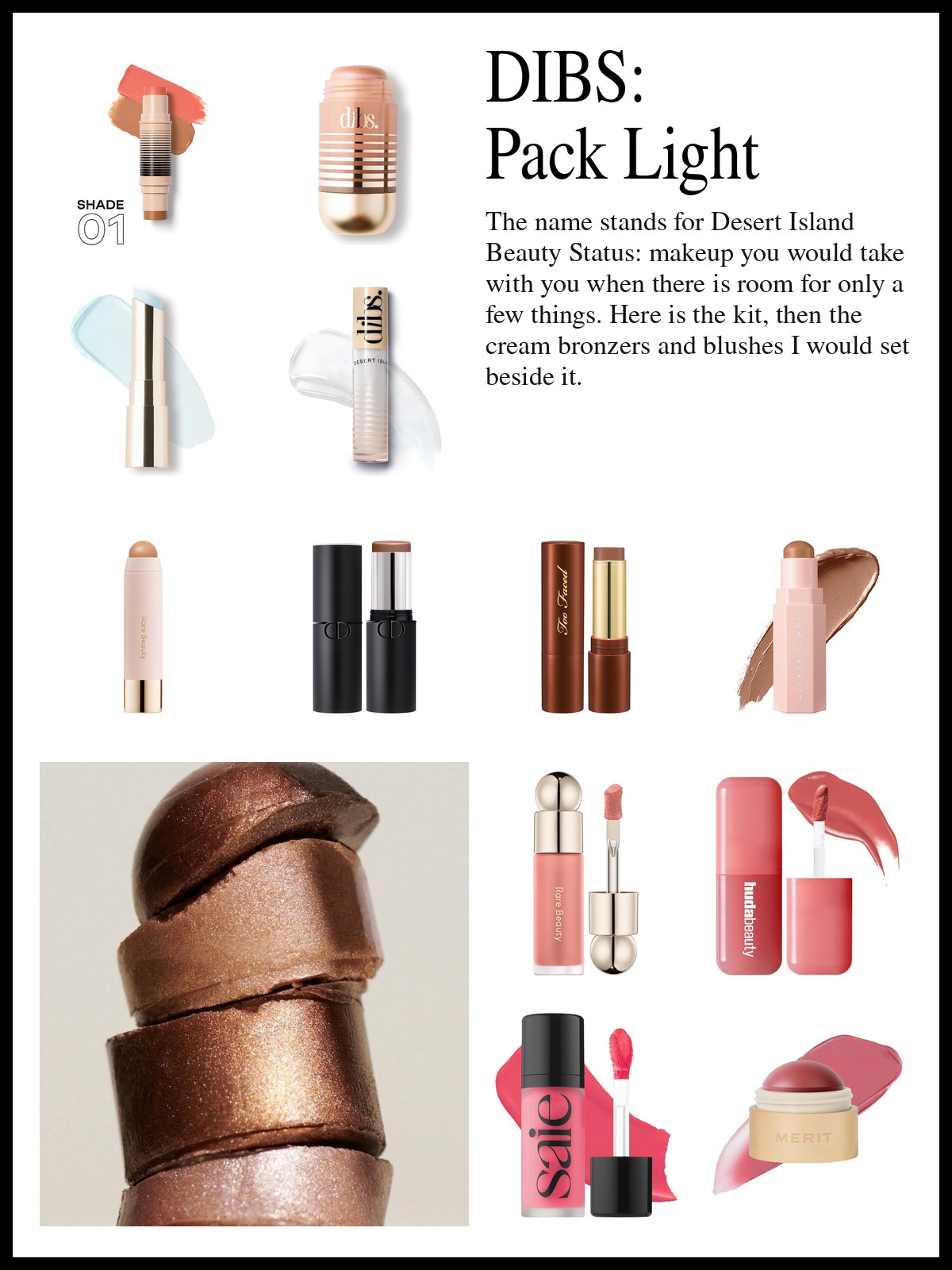 Collage of multi-use sticks, cream bronzers and liquid blushes beside a tall close-up photo of sliced, shimmering bronze and copper cream color stacked in layers.