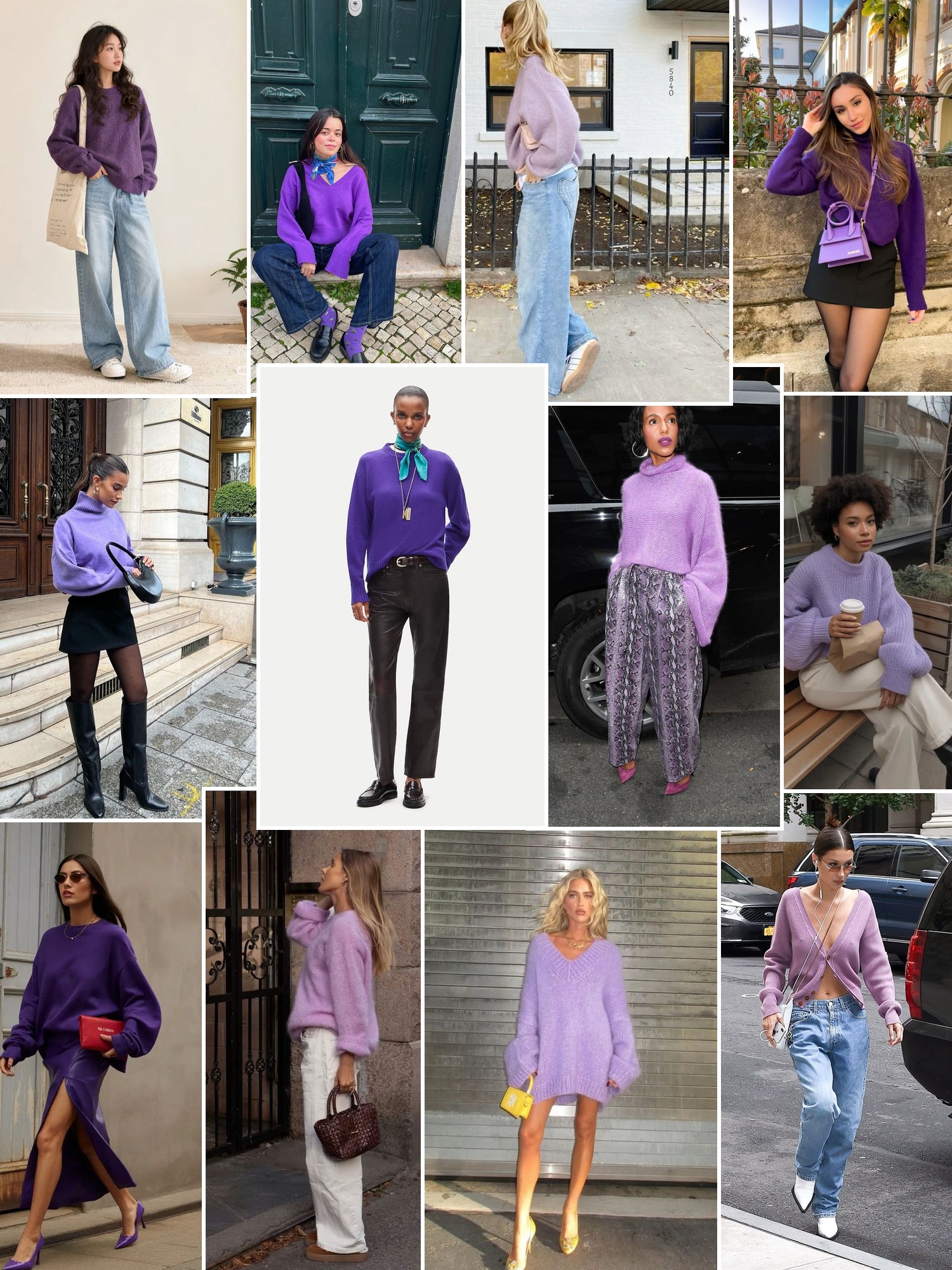 Street style collage of women wearing purple sweater