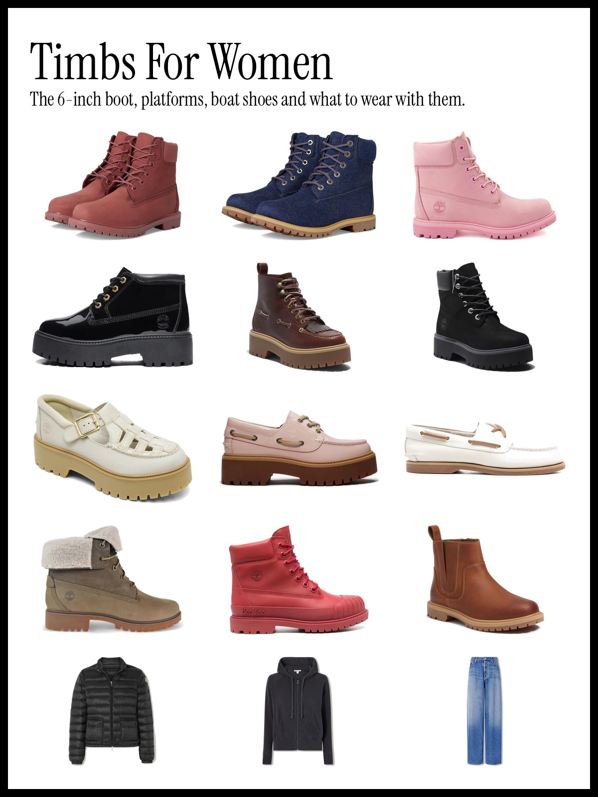 Collage of Timberland boots and shoes including wheat 6-inch boots, Stone Street platforms, kiltie loafers, Chelsea boots and a black puffer jacket