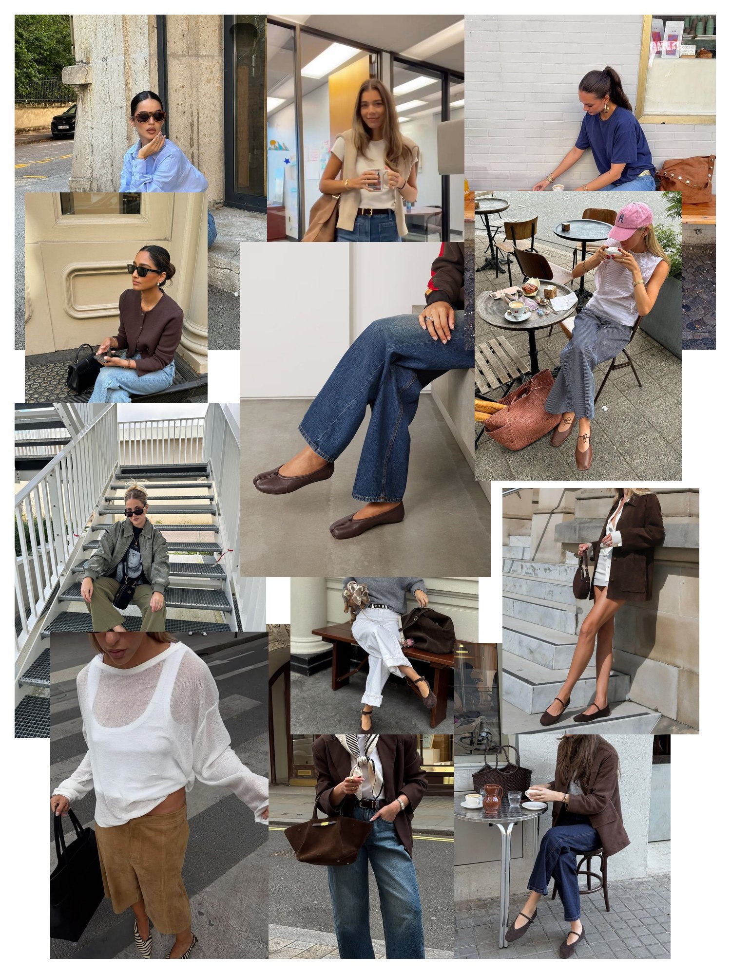 Street-style collage of 12 outfit photos featuring brown ballet flats, scattered and overlapping