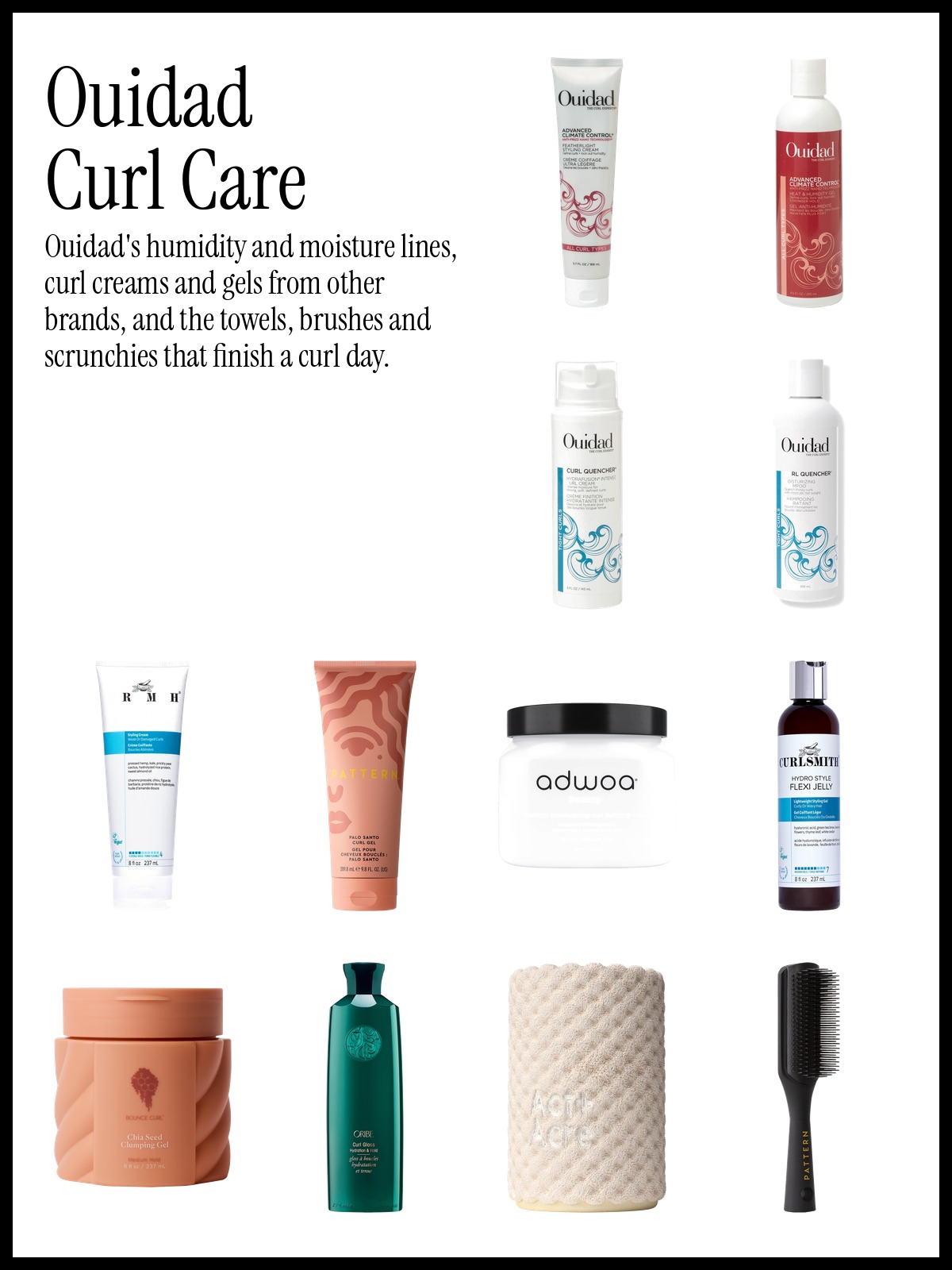 Collage of Ouidad Advanced Climate Control Featherlight Styling Cream, Curlsmith Feather-Light Protein Curl Cream and Curlsmith Hydro Style Flexible Curl Gel