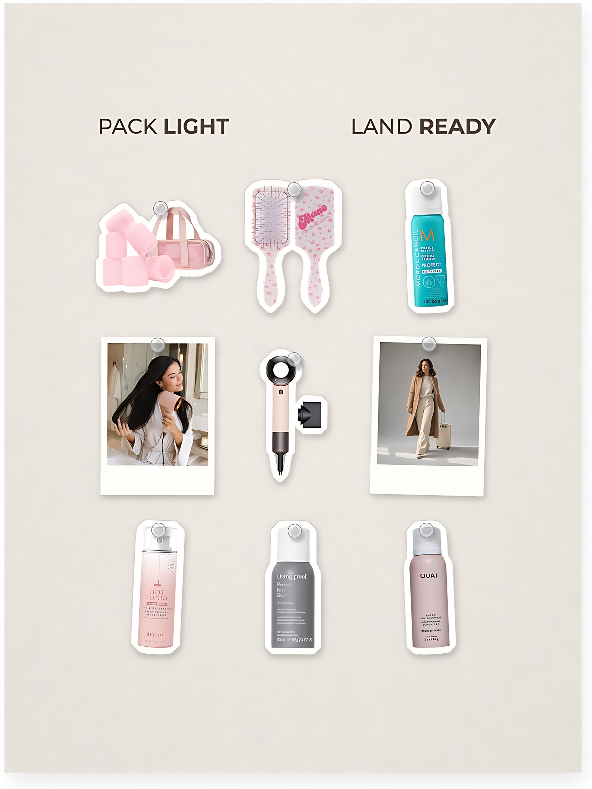 Cut-out product collage with two campaign-style photos: Dyson Supersonic Travel Hair Dryer; Mane Roll and Scroll Self-Grip Rollers; Mane Mane x Love Shack Fancy Mini Detangling Brush; Moroccanoil Mini Perfect Defense Weightless Heat Protectant; Drybar Mini Hot Toddy Heat Protectant Mist; Living Proof Mini Perfect Hair Day (PhD) Dry Shampoo; OUAI Mini Melrose Place Super Dry Invisible Dry Shampoo
