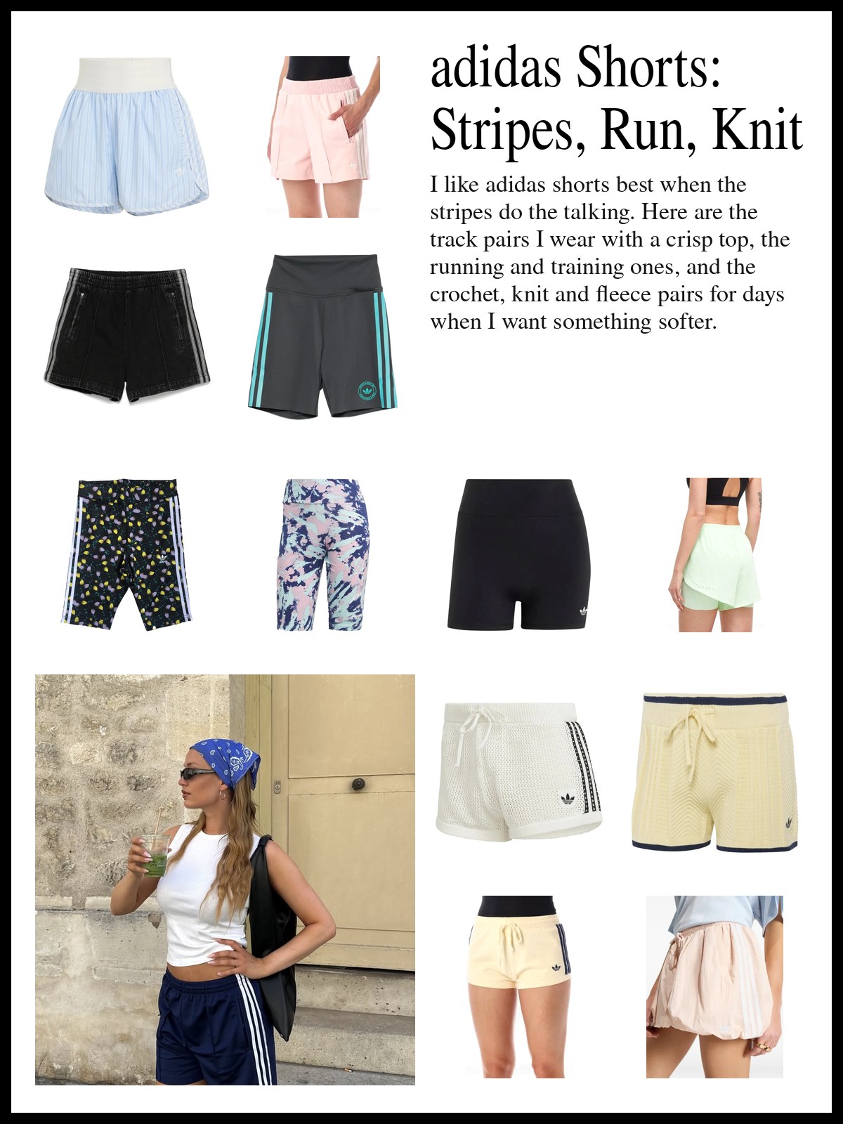 Collage of Firebird and 3-Stripes track shorts, running, training and bike shorts, and crochet, knit and fleece shorts, and a mood photo of a woman in a white tank, a blue bandana and navy track shorts with white stripes.