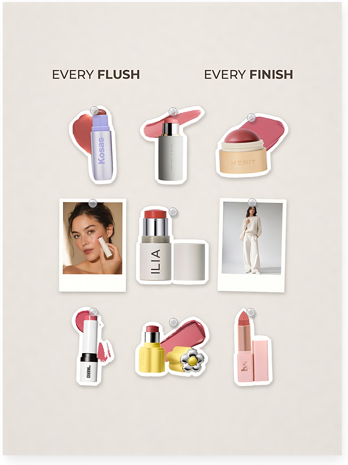 Cut-out product collage with two campaign-style photos: ILIA Multi-Stick Cream Blush + Highlighter + Lip Tint - Dear Ruby; Kosas Impressionist Multistick Cream Blush Stick + Lip Color - Nuance; Westman Atelier Baby Cheeks Lip + Cheek Cream Blush Stick - Petal; Merit Flush Balm Cream Blush - Cheeky; Makeup by Mario Soft Pop Cream Blush Stick - Pale Petal; Marc Jacobs Beauty Joystick Buildable Cream Blush Stick - 111 Self Centered; LYS Beauty Higher Standard Cream Glow Blush Sticks - Focused