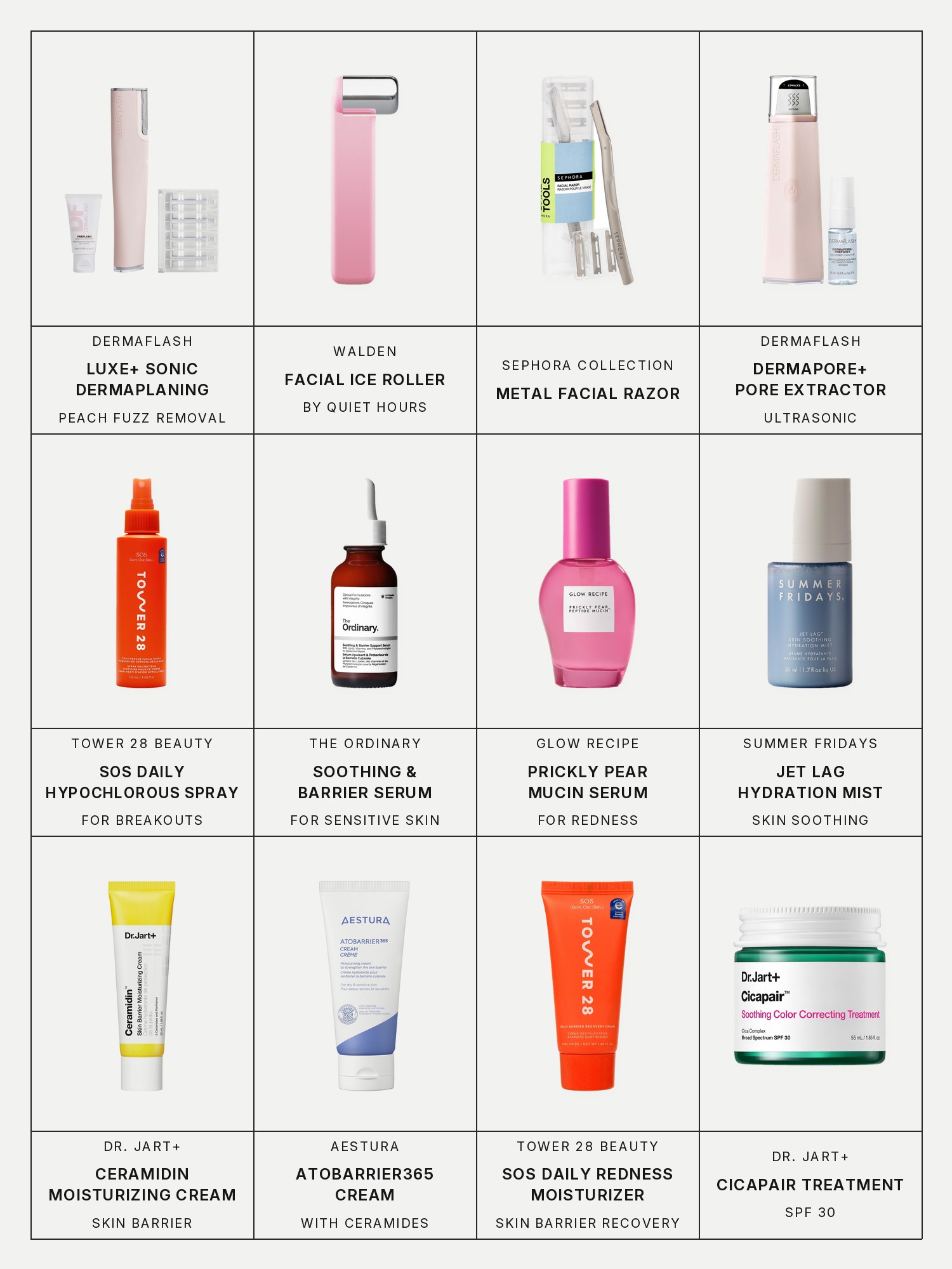 Twelve boxes on a pale grey page, one for each product in this edit, each with its brand and name printed below: Dermaflash Luxe+ Advanced Sonic Dermaplaning + Peach Fuzz Removal, Walden Facial Ice Roller by Quiet Hours, Sephora Collection Metal Facial Razor, Dermaflash Dermapore+ Ultrasonic Pore Extractor + Skincare Infuser, Tower 28 Beauty SOS Daily Hypochlorous Acid Spray for Breakouts & Redness, The Ordinary Soothing & Barrier Support Serum for Sensitive Skin Hydration, Glow Recipe Prickly Pear Peptide Vegan Mucin Serum for Redness & Fine Lines, Summer Fridays Jet Lag Skin Soothing Hydration Mist, Dr. Jart+ Ceramidin Skin Barrier Moisturizing Cream, Aestura AtoBarrier365 Cream Moisturizer with Ceramides & Niacinamide for Skin Moisture Barrier Repair, Tower 28 Beauty SOS Daily Skin Barrier Redness Recovery Moisturizer and Dr. Jart+ Cicapair Soothing Color Correcting Treatment SPF 30 with Centella Asiatica Extracts.