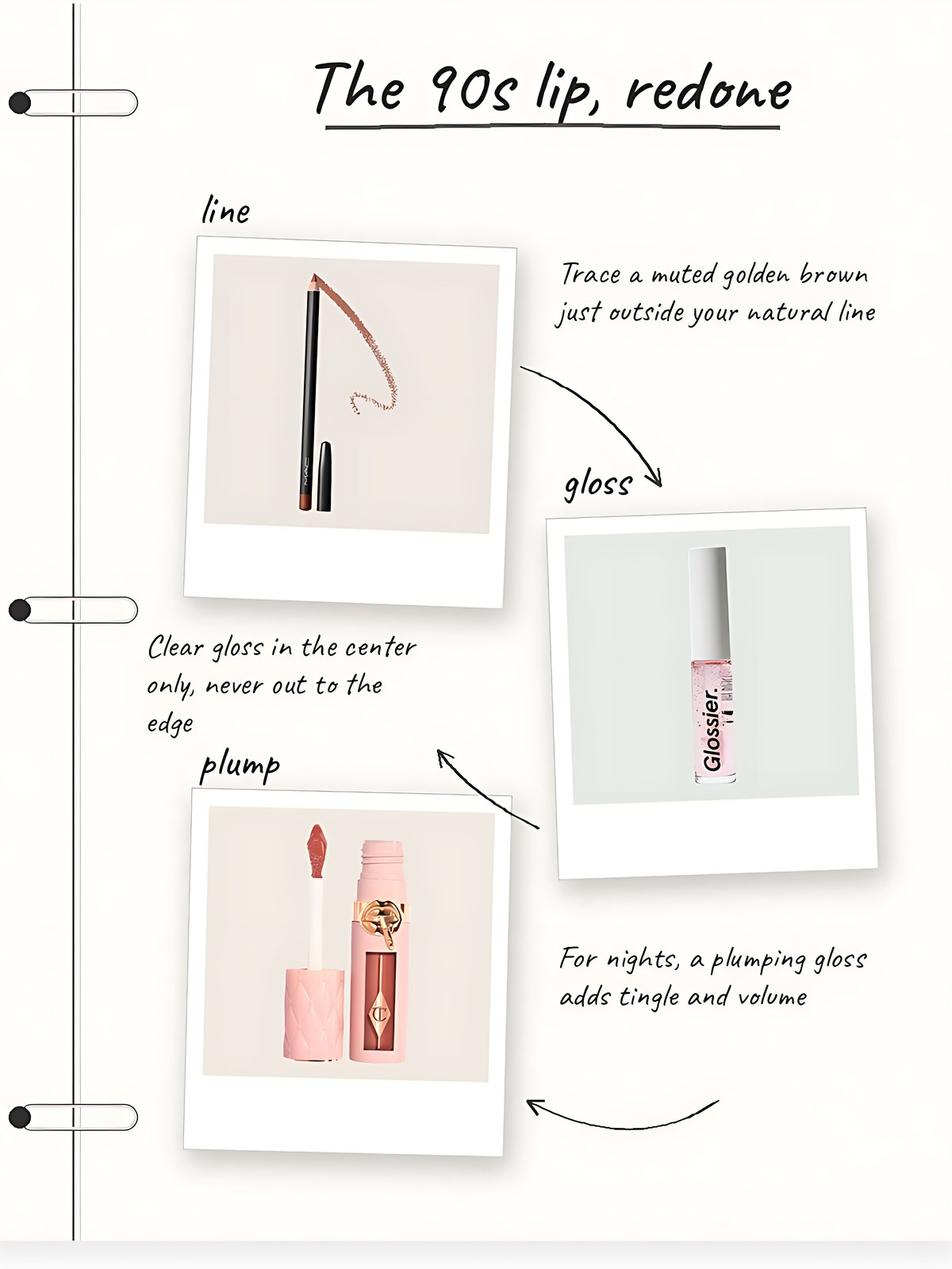 Notebook collage showing MAC Lip Pencil in Cork, Glossier Glassy High-Shine Lip Gloss in Clear and Charlotte Tilbury Big Lip Plumpgasm as three steps for a 90s brown-lined lip