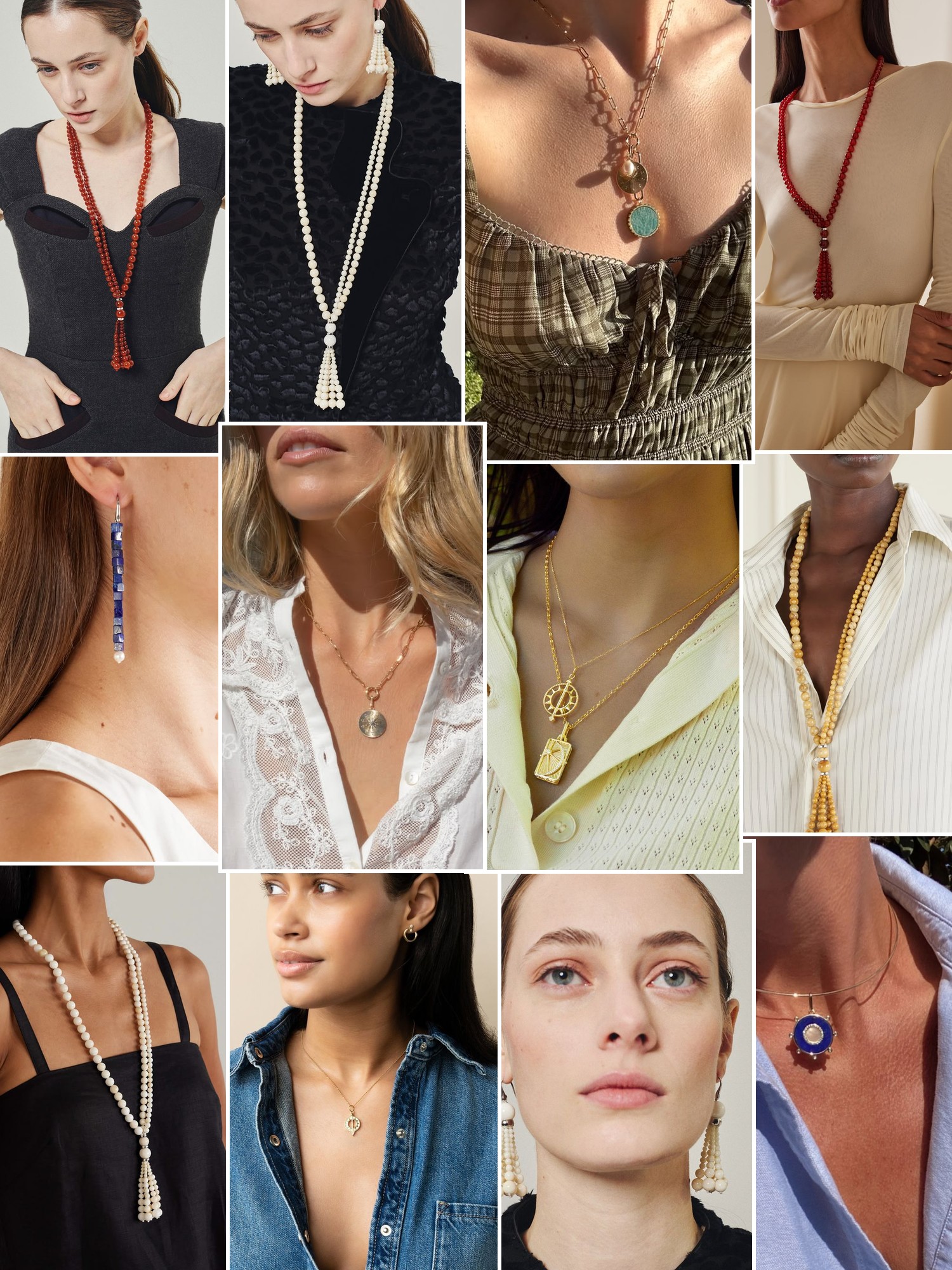 Collage of rings, earrings and layered necklaces worn up close, in the spirit of Le Sundial