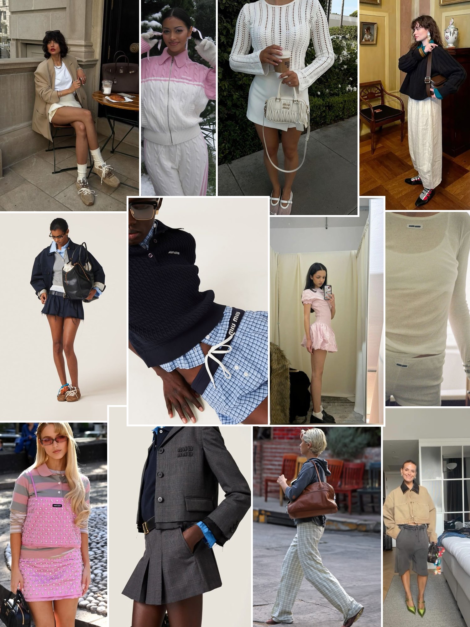 Collage of runway looks, campaign shots and street style outfits that capture the Miu Miu mood