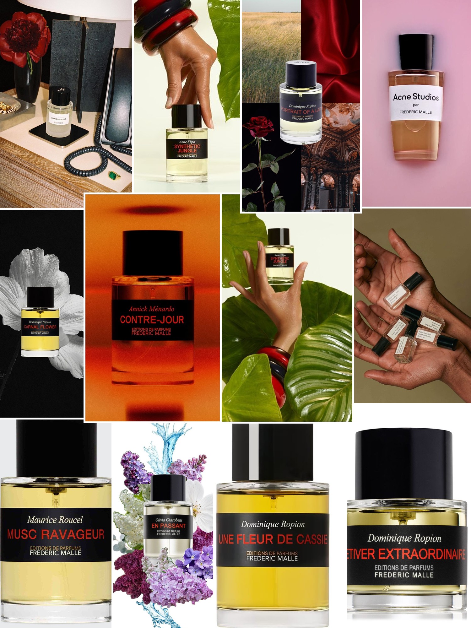 Perfume bottles amid flowers, warm amber glass, rich velvet and intimate vanity scenes.