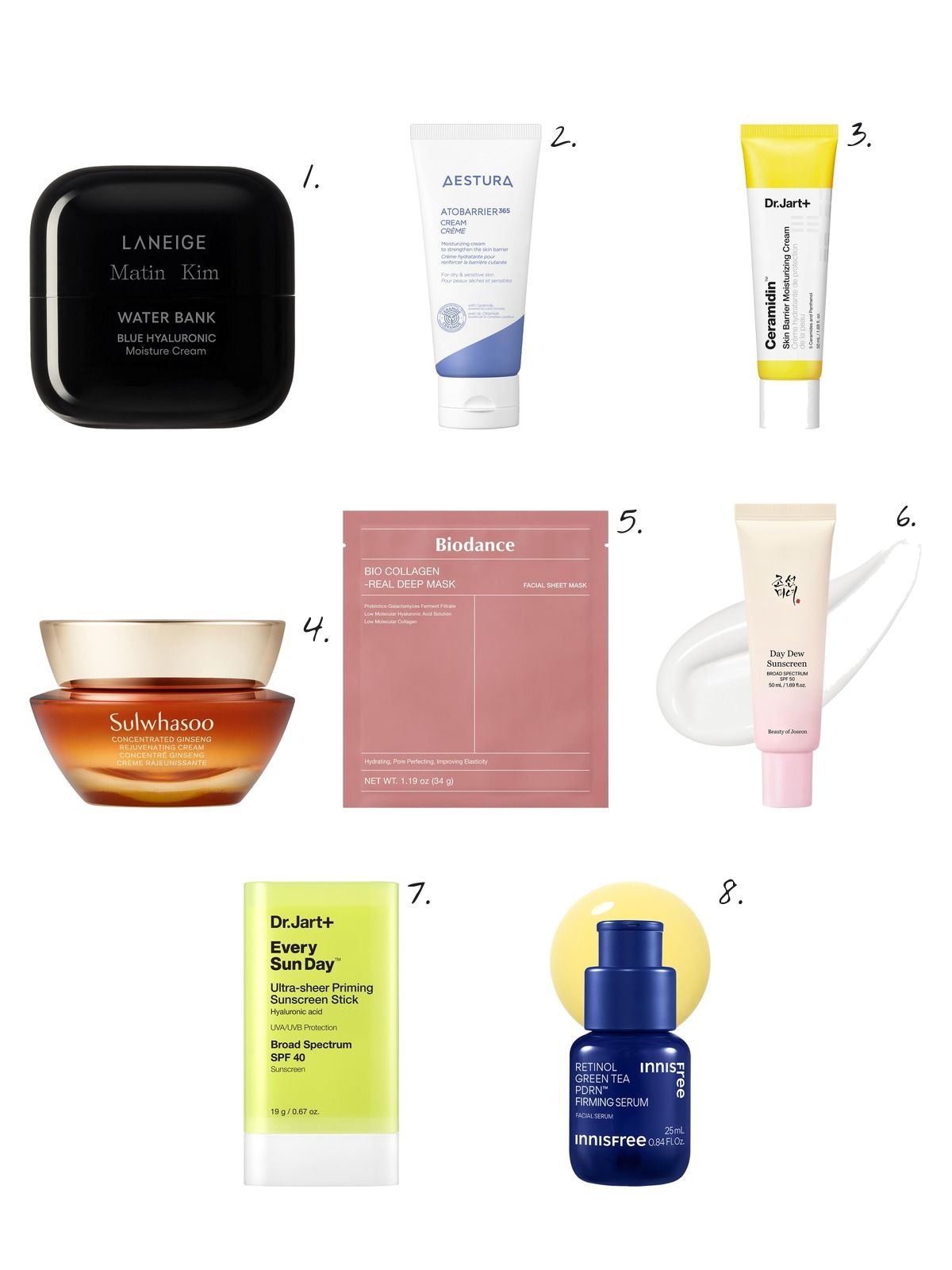 Numbered collage: 1. LANEIGE Water Bank Blue Hyaluronic Cream Moisturizer for Moisture Barrier Repair; 2. AESTURA ATOBARRIER365 Cream Moisturizer with Ceramides & Niacinamide for Skin Moisture Barrier Repair; 3. Dr. Jart+ Ceramidin Skin Barrier Moisturizing Cream; 4. Sulwhasoo Concentrated Ginseng Rejuvenating Cream for Anti-Aging; 5. Biodance Bio Collagen Real Deep Mask for Pore Minimizing & Firming Care; 6. Beauty of Joseon Day Dew Sunscreen Lightweight Water-Resistant SPF 50; 7. Dr. Jart+ Every Sun Day Invisible Korean Sunscreen Stick SPF 40; 8. innisfree Retinol Green Tea PDRN Korean Firming & Smoothing Serum for Slow-Aging