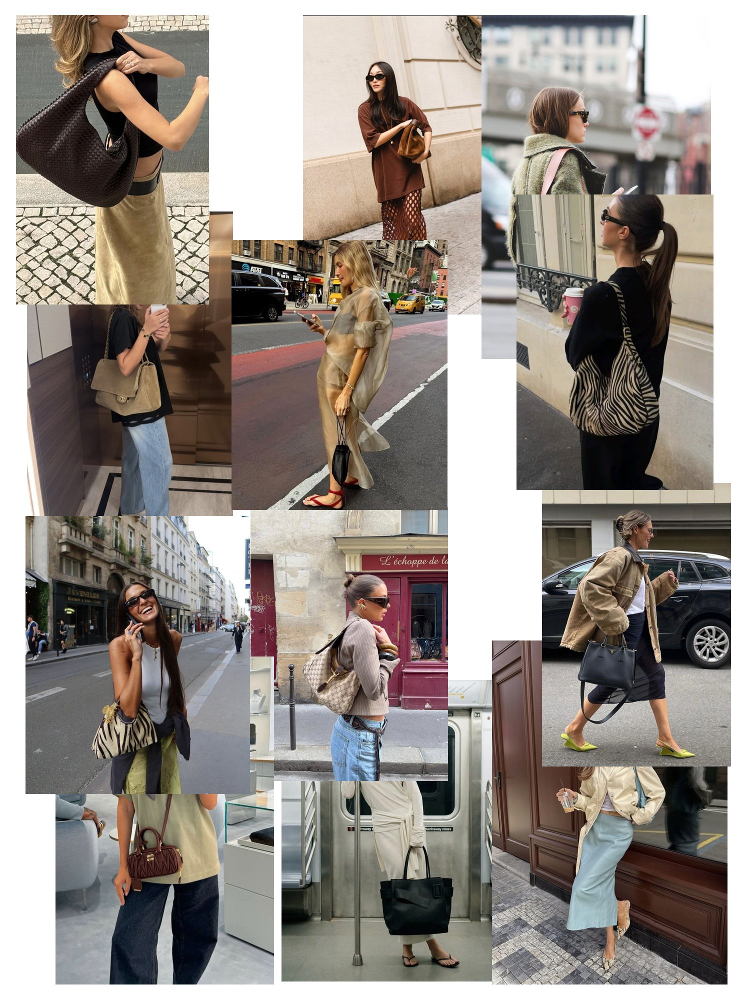Street-style collage of 12 outfit photos featuring shoulder bag, scattered and overlapping