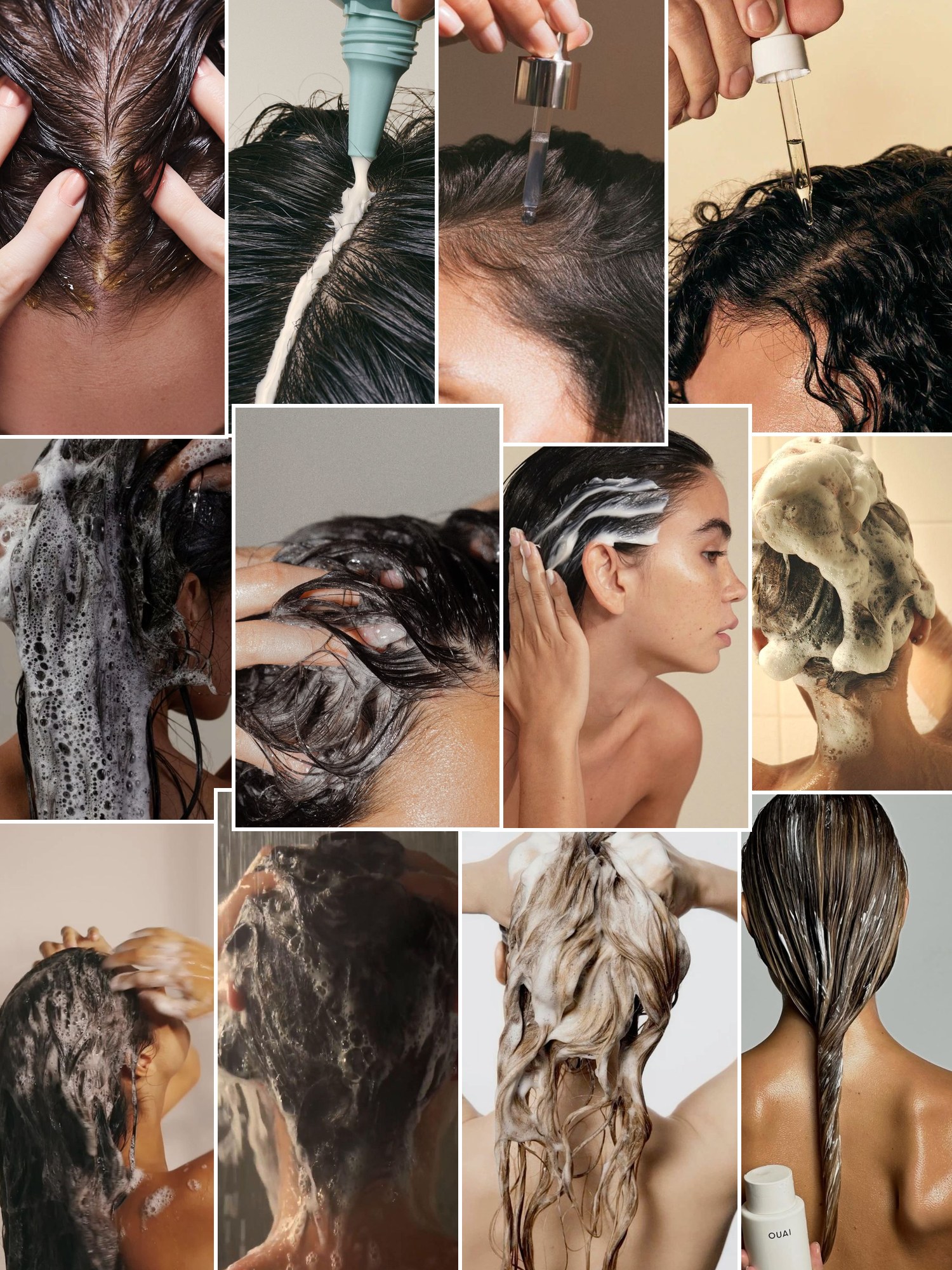 Collage of scalp care and hair-washing routines