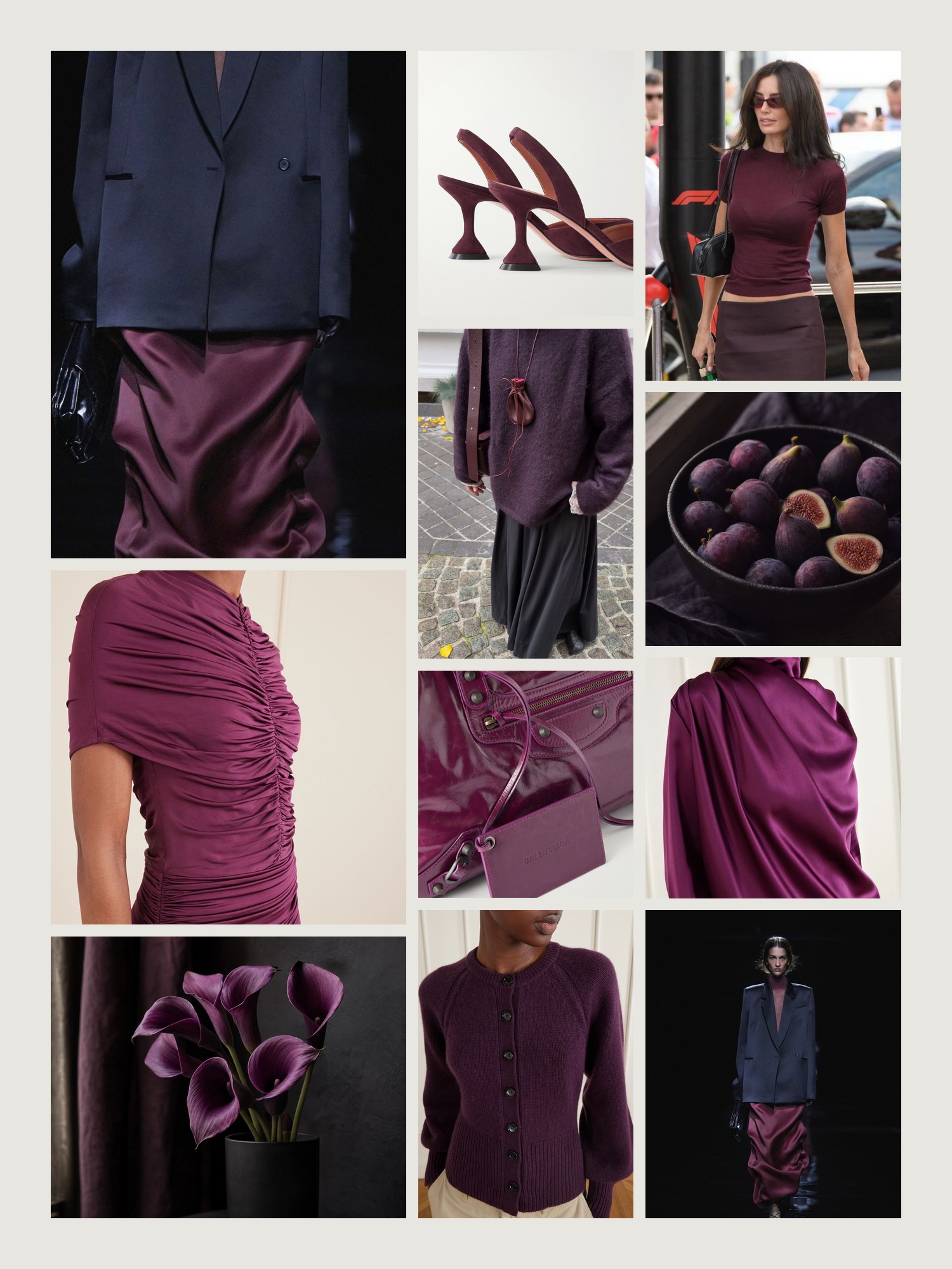 Mood board for plum and black outfits: four street-style photos of women wearing plum and black, close-ups of the Balenciaga tote bag, the Amina Muaddi pumps, the Allude cardigan, the Self-Portrait maxi dress and the Heirlome blouse from this edit, and two still lifes in both colors