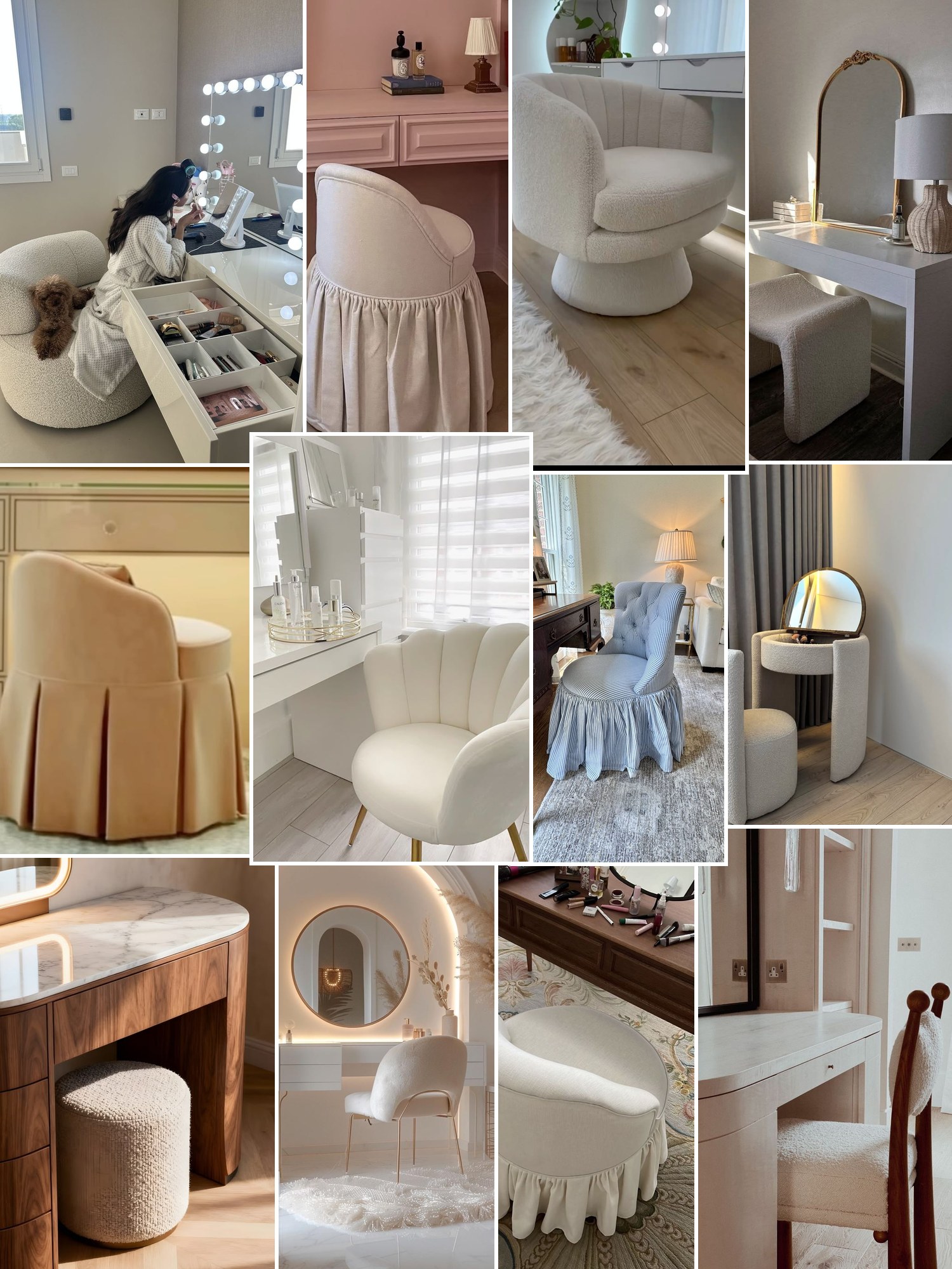 Collage of everyday outfits built around vanity chair