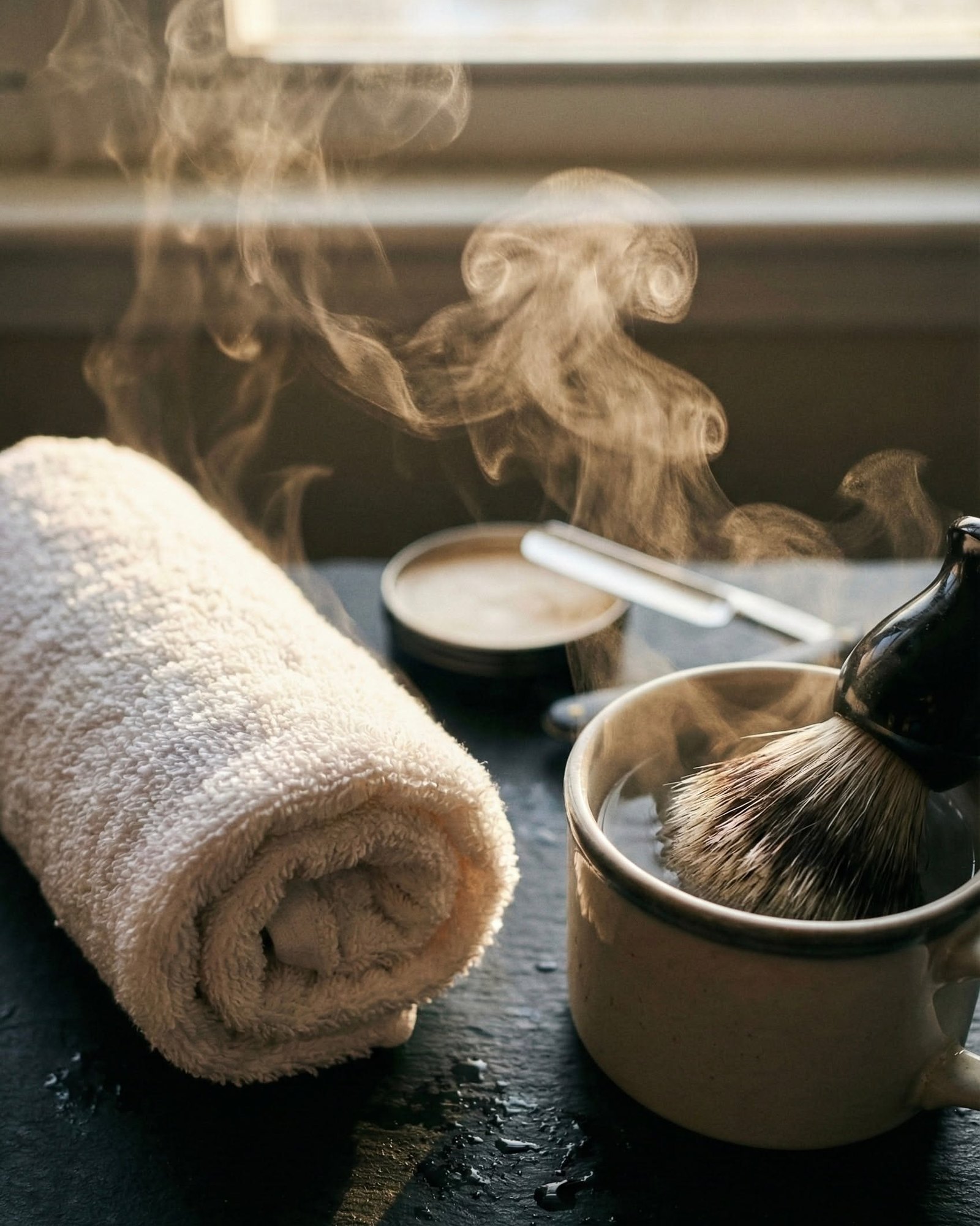 Steam rising from a shaving mug with a brush, beside a rolled white towel, a razor and a tin of shave soap on a dark counter in window light