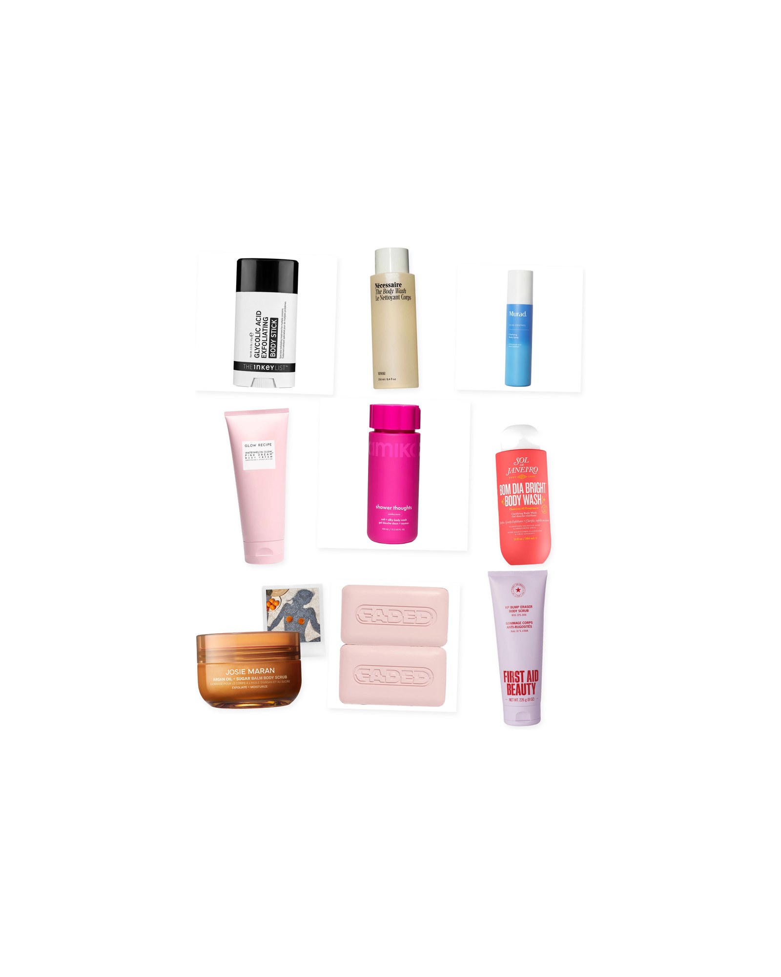 Collage on a white background showing amika Shower Thoughts Soft + Silky Body Wash with AHA and Glycerin, Glow Recipe Watermelon Glow AHA Pink Dream Body Cream, First Aid Beauty KP Bump Eraser Body Scrub with 10% AHA – Body Exfoliant for Keratosis Pilaris, Sol de Janeiro Bom Dia Bright™ Clarifying AHA BHA Body Wash, The INKEY List Glycolic Acid Exfoliating Body Stick, Josie Maran Topless Tangerine - Argan Oil + Sugar Balm Refillable Exfoliating Body Scrub Jar, Nécessaire The Body Wash Hinoki - Treatment Softening Cleanse with AHA/BHA/PHA + Resveratrol, Murad Clarifying Body Spray with Salicylic Acid and Topicals Faded Brightening & Cleansing Body Bar for Uneven Skin Tone (2 Pack).