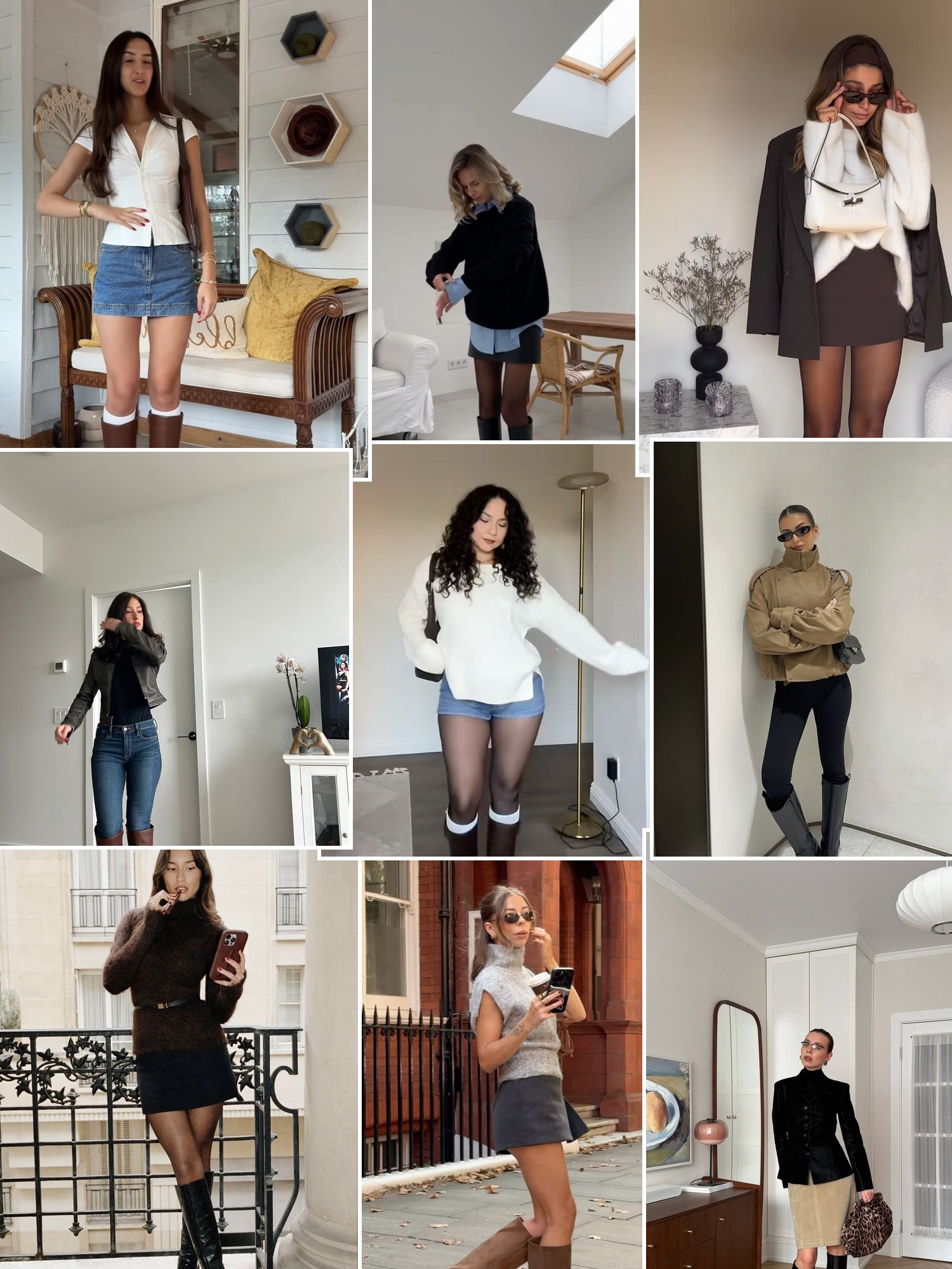 Street style collage of petite women in knee high boots with skirts and dresses