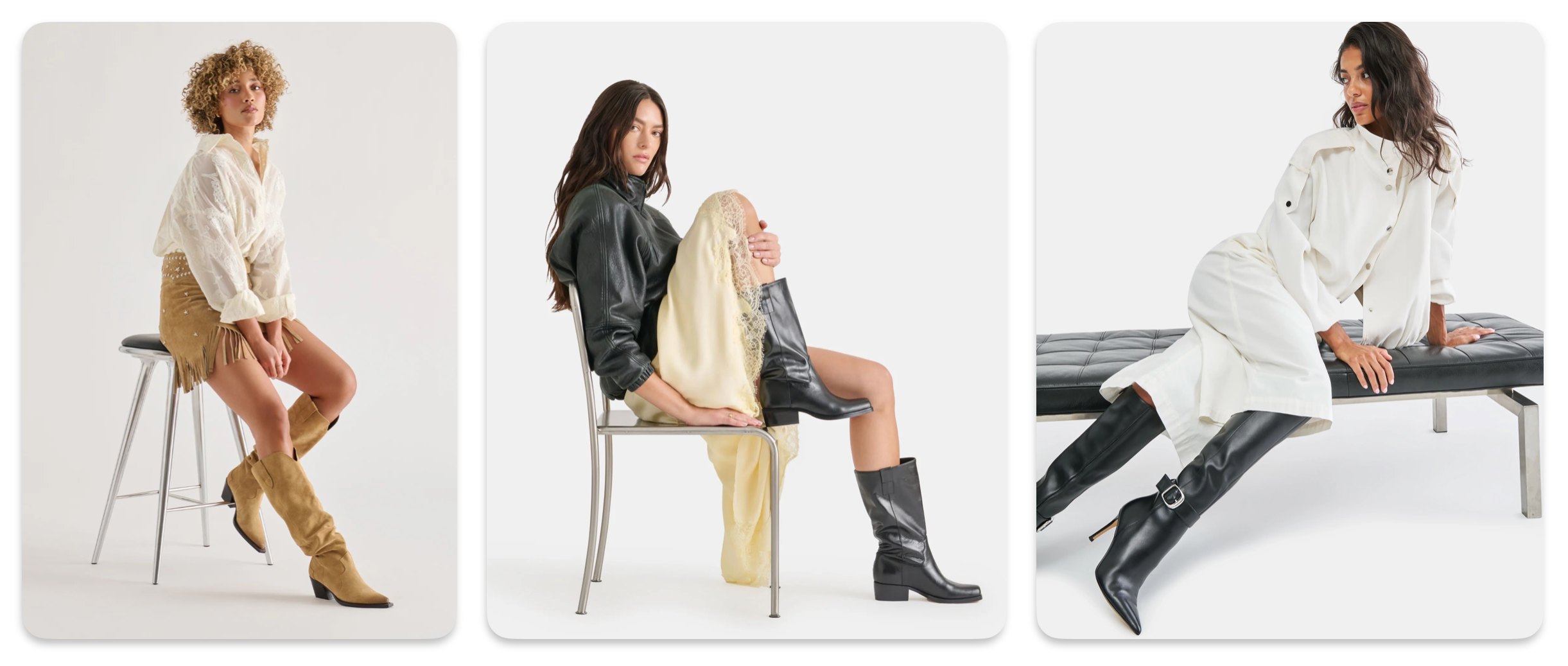 Collage of campaign looks that capture the Dolce Vita mood, with three models in black and tan leather and suede boots styled with lace, a leather jacket and a crisp white shirtdress