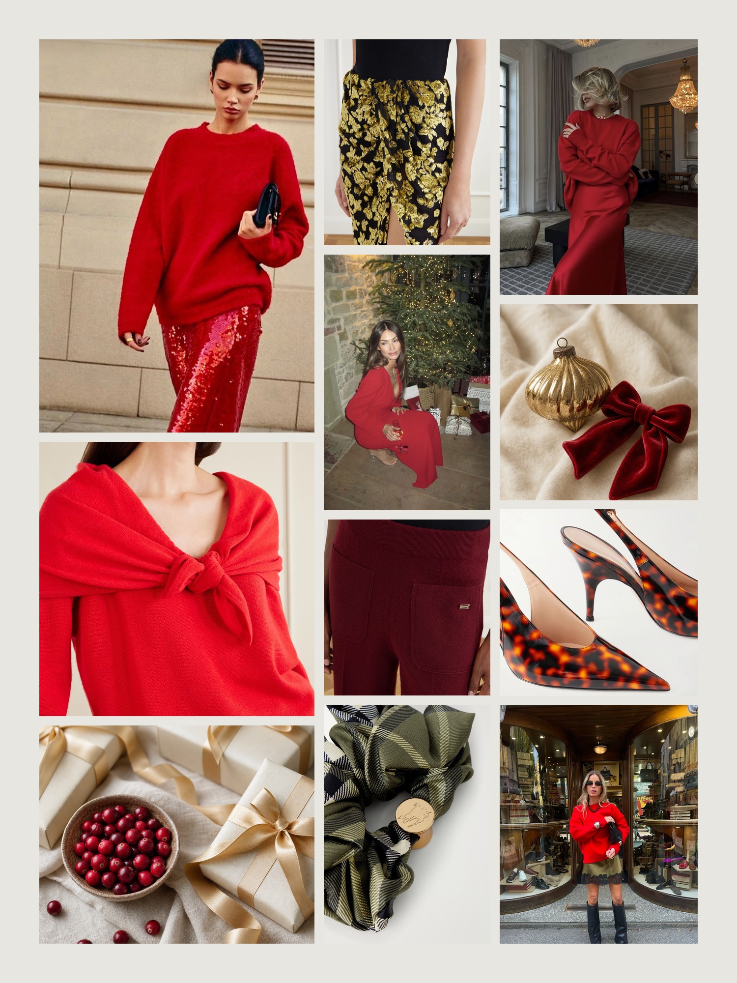 Mood board of Christmas outfits in cranberry, cream and gold