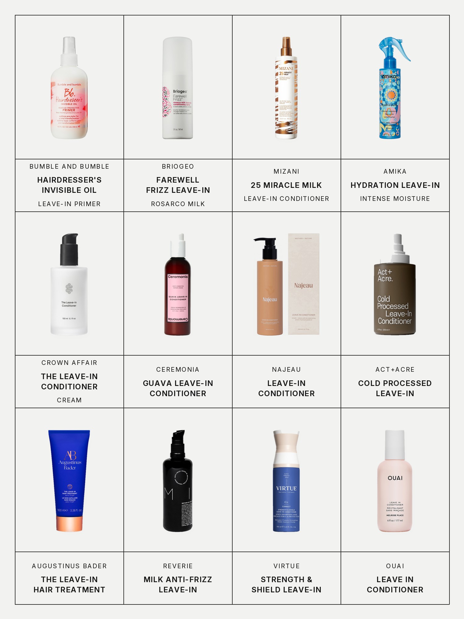 Twelve boxes on a pale grey page, one for each product in this edit, each with its brand and name printed below: Bumble and bumble Hairdresser's Invisible Oil, Briogeo Farewell Frizz Leave-In, Mizani 25 Miracle Milk, Amika Hydration Leave-In, Crown Affair The Leave-In Conditioner, Ceremonia Guava Leave-In Conditioner, Najeau Leave-in Conditioner, Act+Acre Cold Processed Leave-in, Augustinus Bader The Leave-In Hair Treatment, Reverie MILK Anti-Frizz Leave-in, Virtue Strength & Shield Leave-in and Ouai Leave In Conditioner.