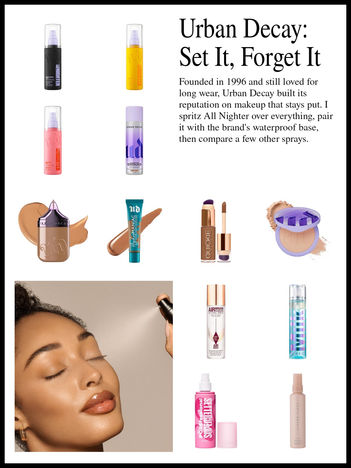 Collage of Urban Decay All Nighter setting sprays, foundation, concealer and powder, and setting sprays from other brands, and a mood photo of a woman with closed eyes and dewy skin.