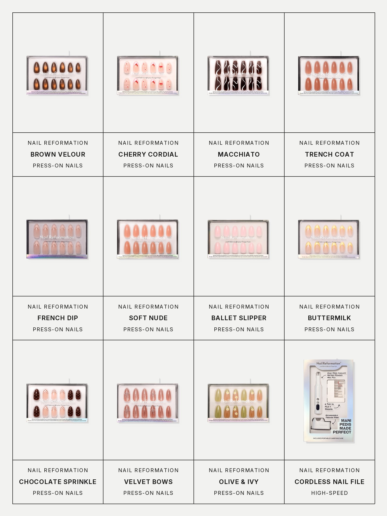Twelve boxes on a pale grey page, one for each product in this edit, each with its brand and name printed below: Nail Reformation Brown Velour Press-On Nails, Nail Reformation Cherry Cordial Press-On Nails, Nail Reformation Macchiato Press-On Nails, Nail Reformation Trench Coat Press-On Nails, Nail Reformation French Dip Press-On Nails, Nail Reformation Soft Nude Press-On Nails, Nail Reformation Ballet Slipper Press-On Nails, Nail Reformation Buttermilk Press-On Nails, Nail Reformation Chocolate Sprinkle Press-On Nails, Nail Reformation Velvet Bows Press-On Nails, Nail Reformation Olive & Ivy Press-On Nails and Nail Reformation High-Speed Cordless Nail File.