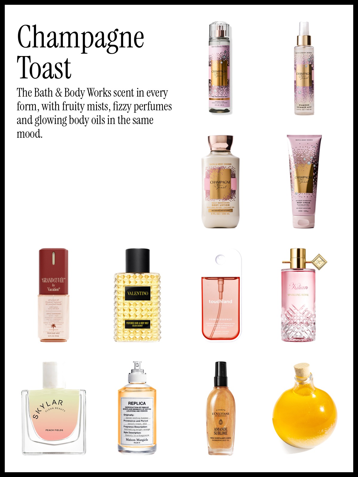 Collage of Bath & Body Works Champagne Toast Fine Fragrance Mist, Vacation Grand Cuvee Body Mist and Kilian Paris Sparkling Royal Eau de Parfum