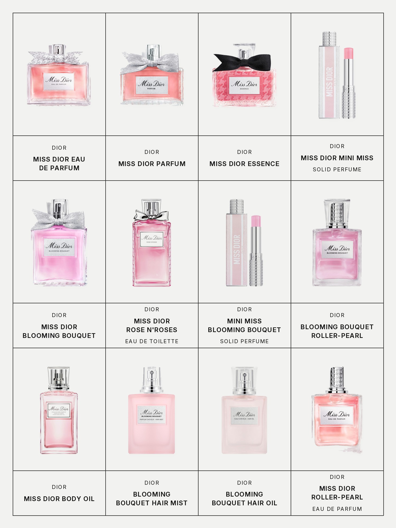 Twelve boxes on a pale grey page, one for each product in this edit, each with its brand and name printed below: Dior Miss Dior Eau de Parfum, Dior Miss Dior Parfum, Dior Miss Dior Essence, Dior Miss Dior Mini Miss Eau de Parfum Solid Perfume, Dior Miss Dior Blooming Bouquet, Dior Miss Dior Rose N'Roses Eau de Toilette, Dior Miss Dior Mini Miss Blooming Bouquet Solid Perfume, Dior Miss Dior Blooming Bouquet Roller-pearl, Dior Miss Dior Body Oil, Dior Miss Dior Blooming Bouquet Hair Mist, Dior Miss Dior Blooming Bouquet Hair Oil and Dior Miss Dior Eau de Parfum Roller-Pearl.