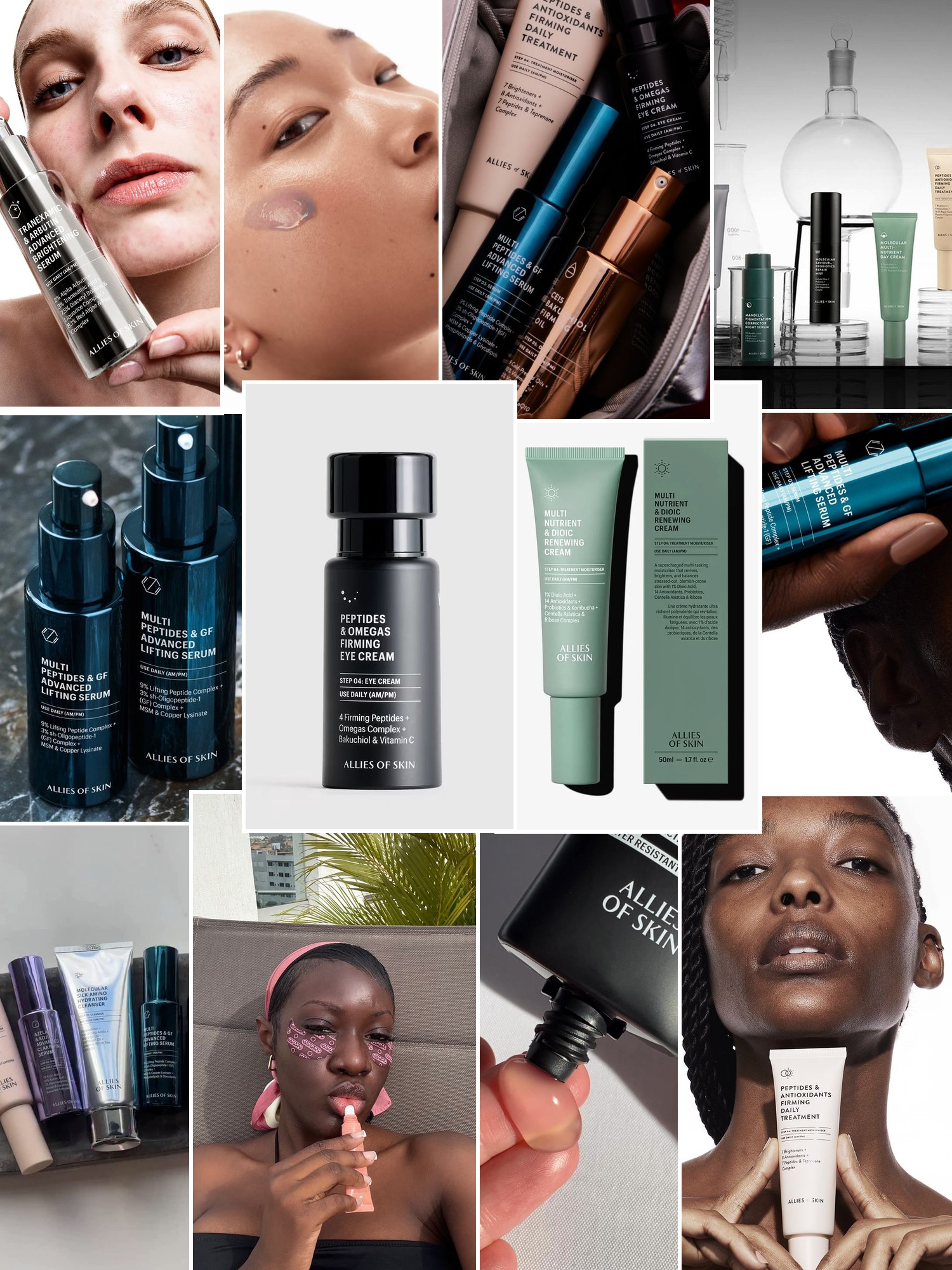 Collage of campaign images, textures and rituals that capture the Allies of Skin mood