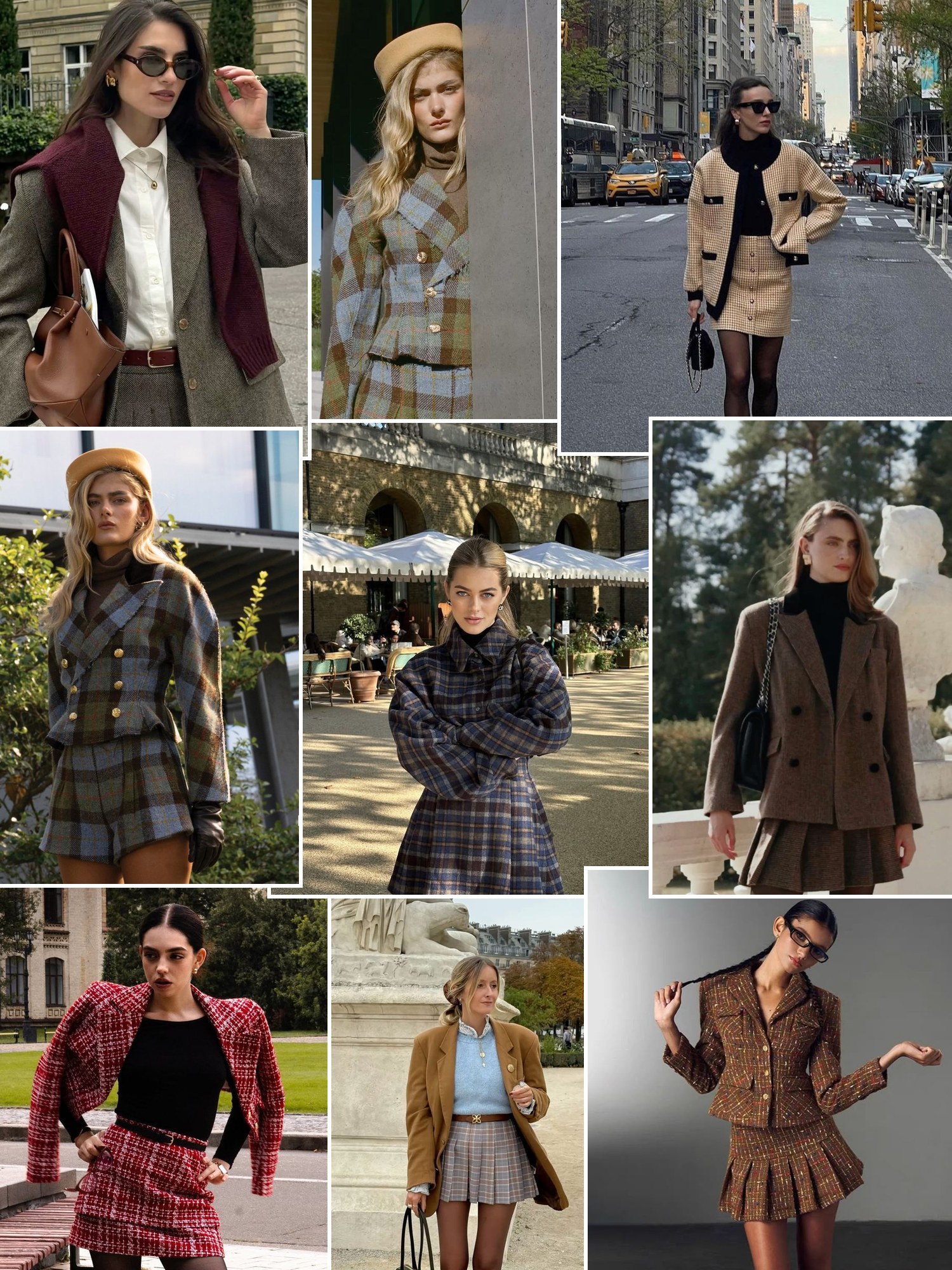 Street style collage of women in tweed, plaid and camel coats