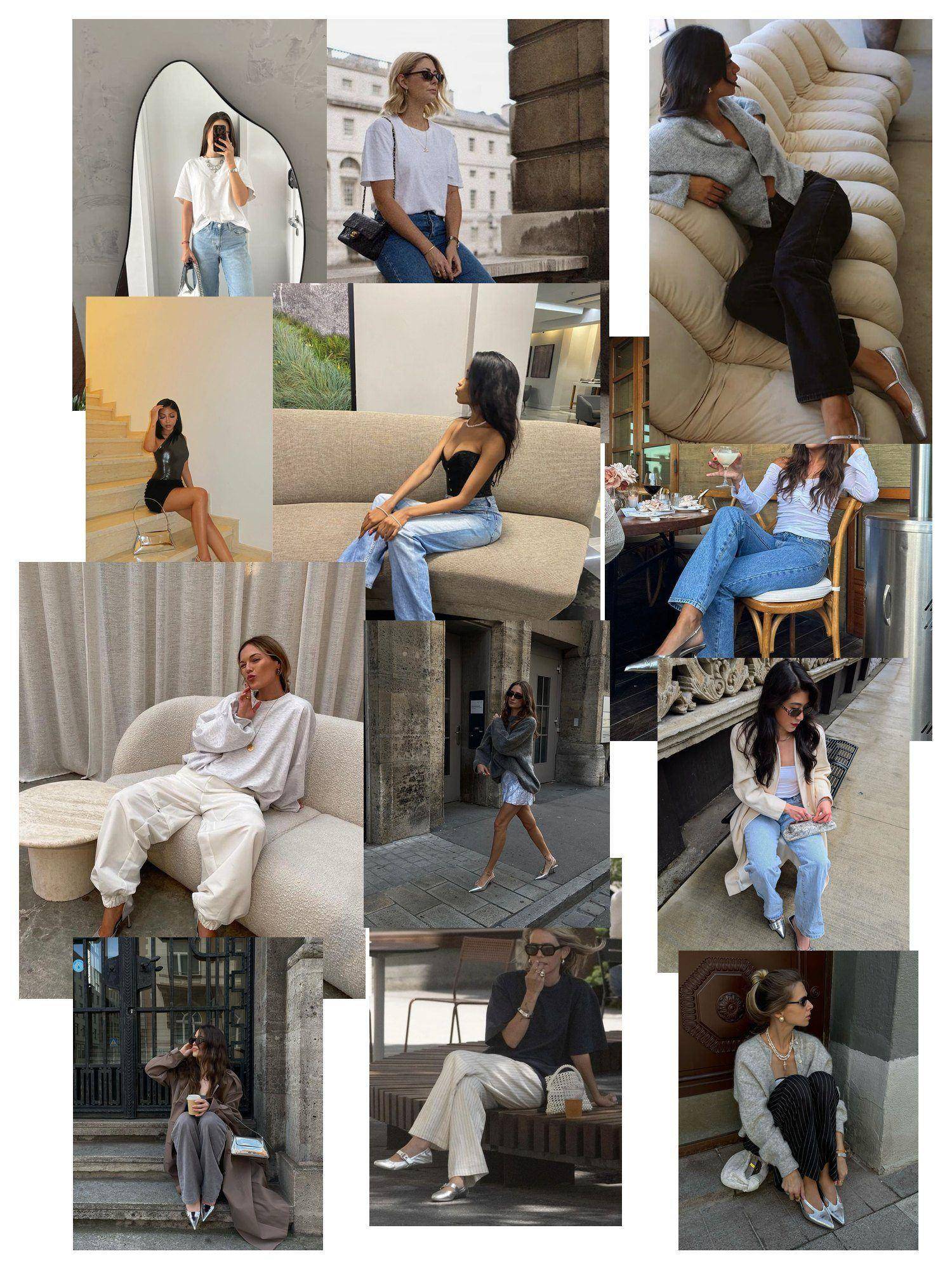 Scatter collage of silver heels street style: metallic pumps and sandals with jeans, trousers and slip skirts