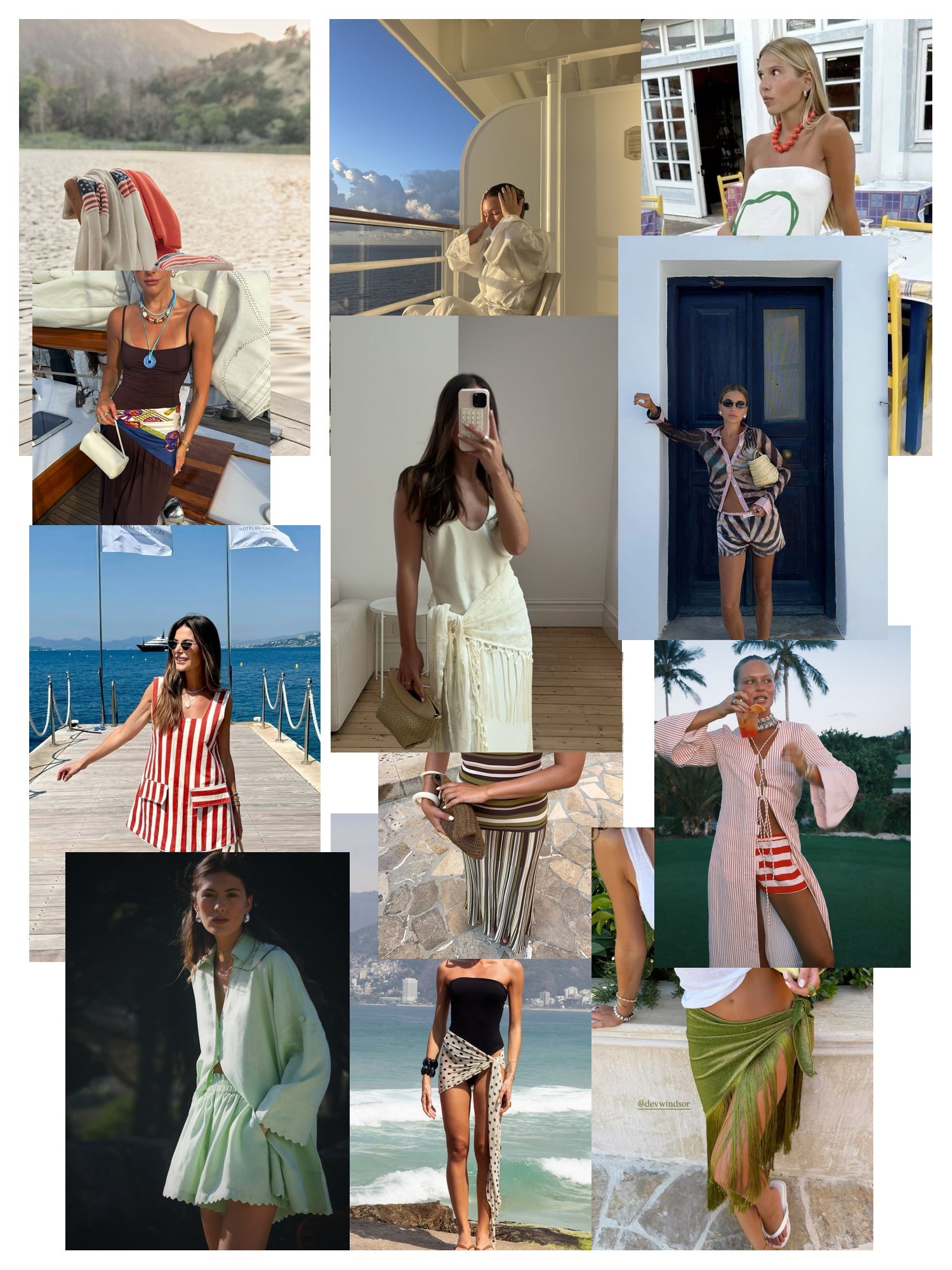 Street-style collage of 12 outfit photos featuring resort wear, scattered and overlapping