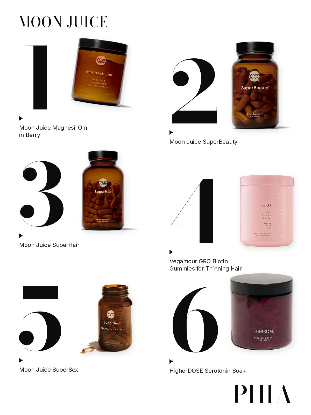 Big numbers collage for Moon Juice: six products from Moon Juice, Vegamour and HigherDOSE, each set beside a large numeral
