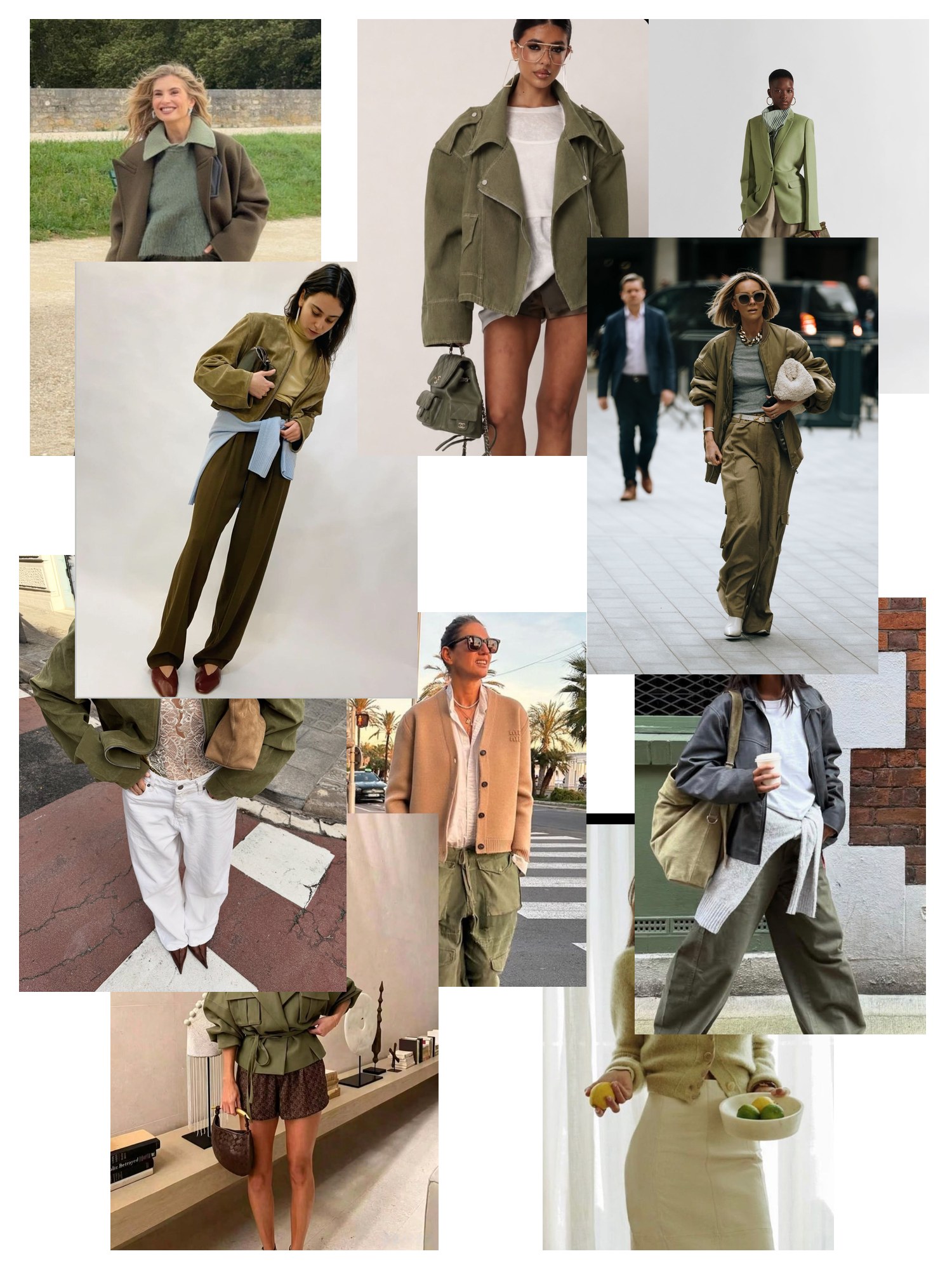 Collage of ten street-style photos of women wearing olive green and cream outfits, scattered and overlapping on white