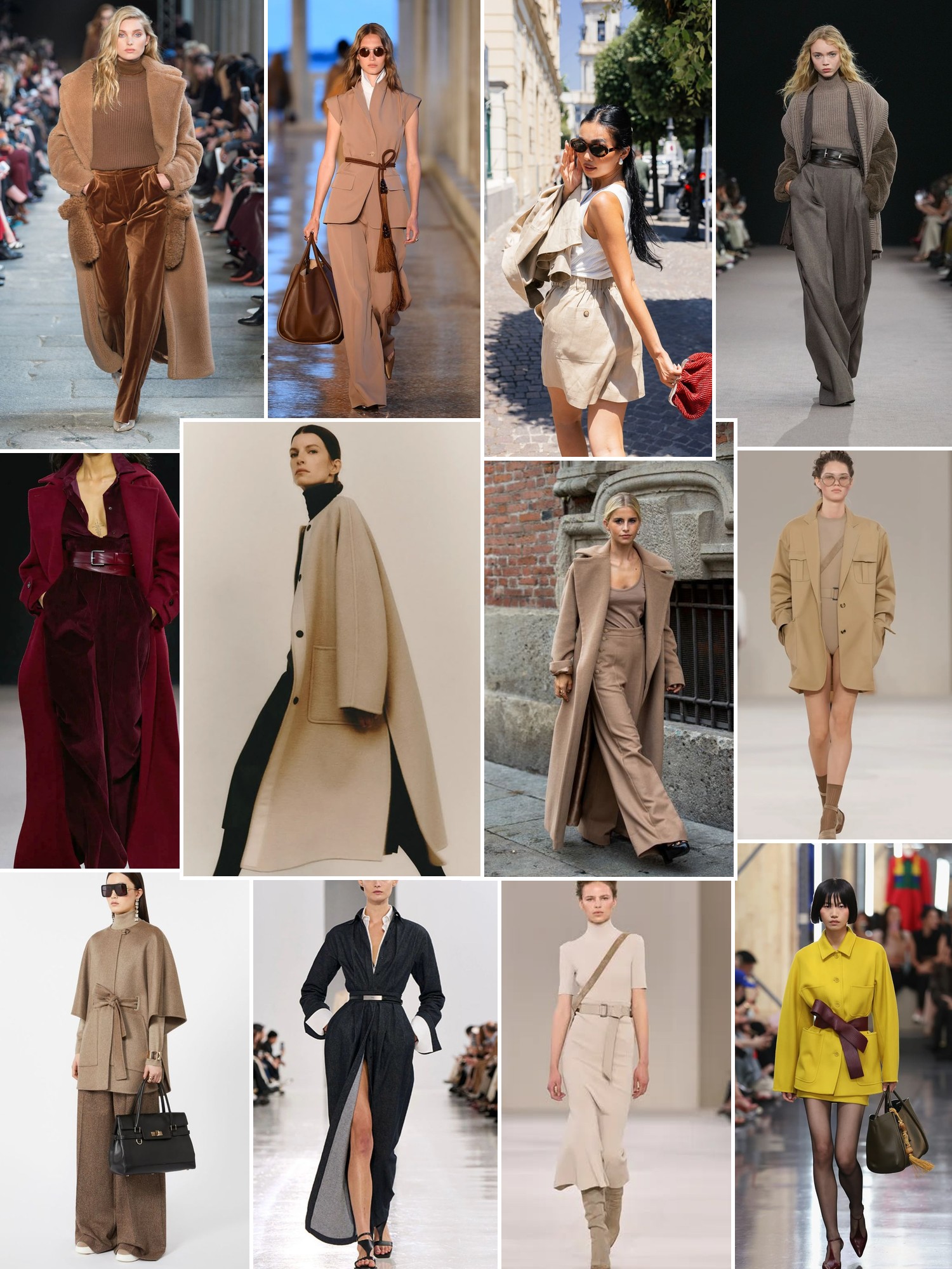 Collage of runway looks, campaign shots and street style outfits that capture the Max Mara mood