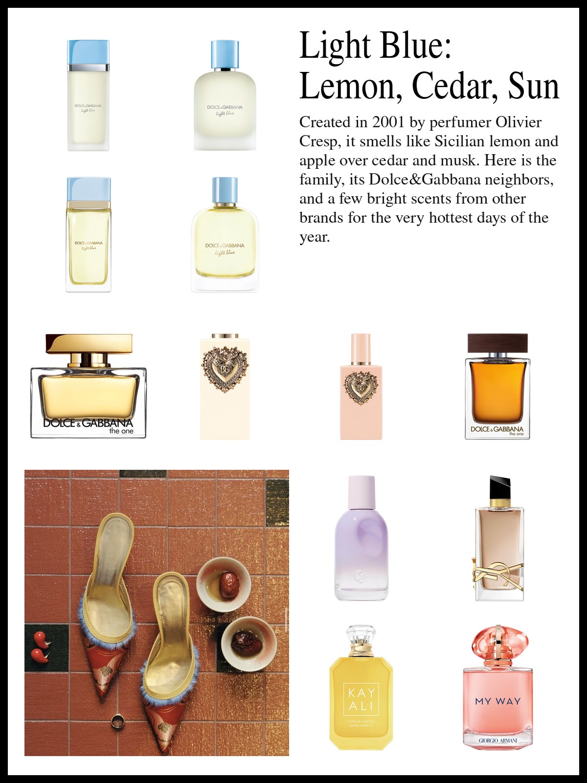 Collage of Light Blue and other Dolce&Gabbana bottles with bright summer scents beside a photo of two pointed mules with blue fringe on a red tiled floor, next to small bowls of red dates and a pair of red teardrop earrings.