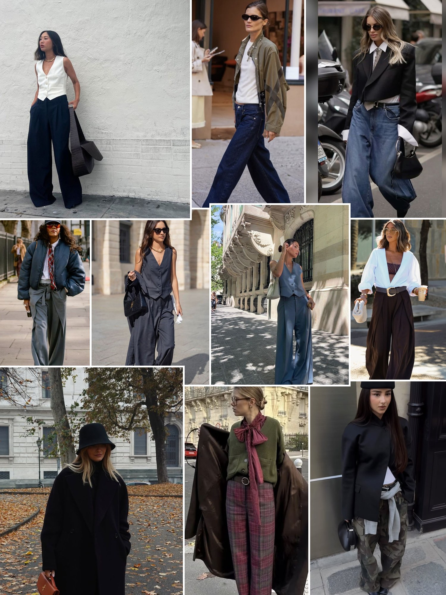 Collage of everyday outfits built around Diane Keaton style