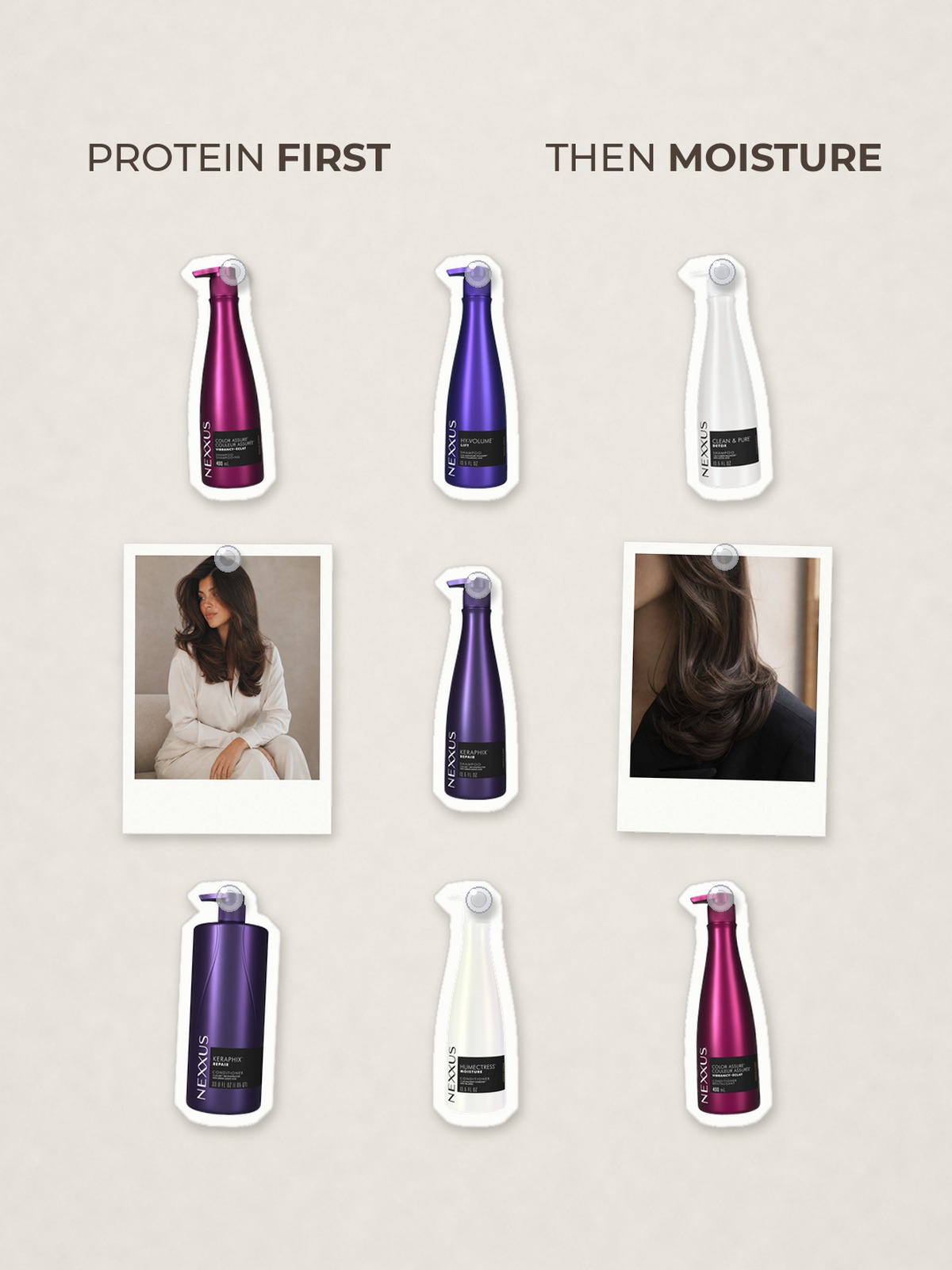 Cut-out product collage with two campaign-style photos: Nexxus Keraphix Damage Repair Shampoo; Nexxus Color Assure Vibrancy Shampoo; Nexxus Hy-Volume Shampoo; Nexxus Clean & Pure Nourishing Detox Shampoo, 13.5 fl oz; Nexxus Keraphix Damage Repair Conditioner; Nexxus Humectress Ultimate Moisture Conditioner; Nexxus Color Assure Vibrancy Conditioner