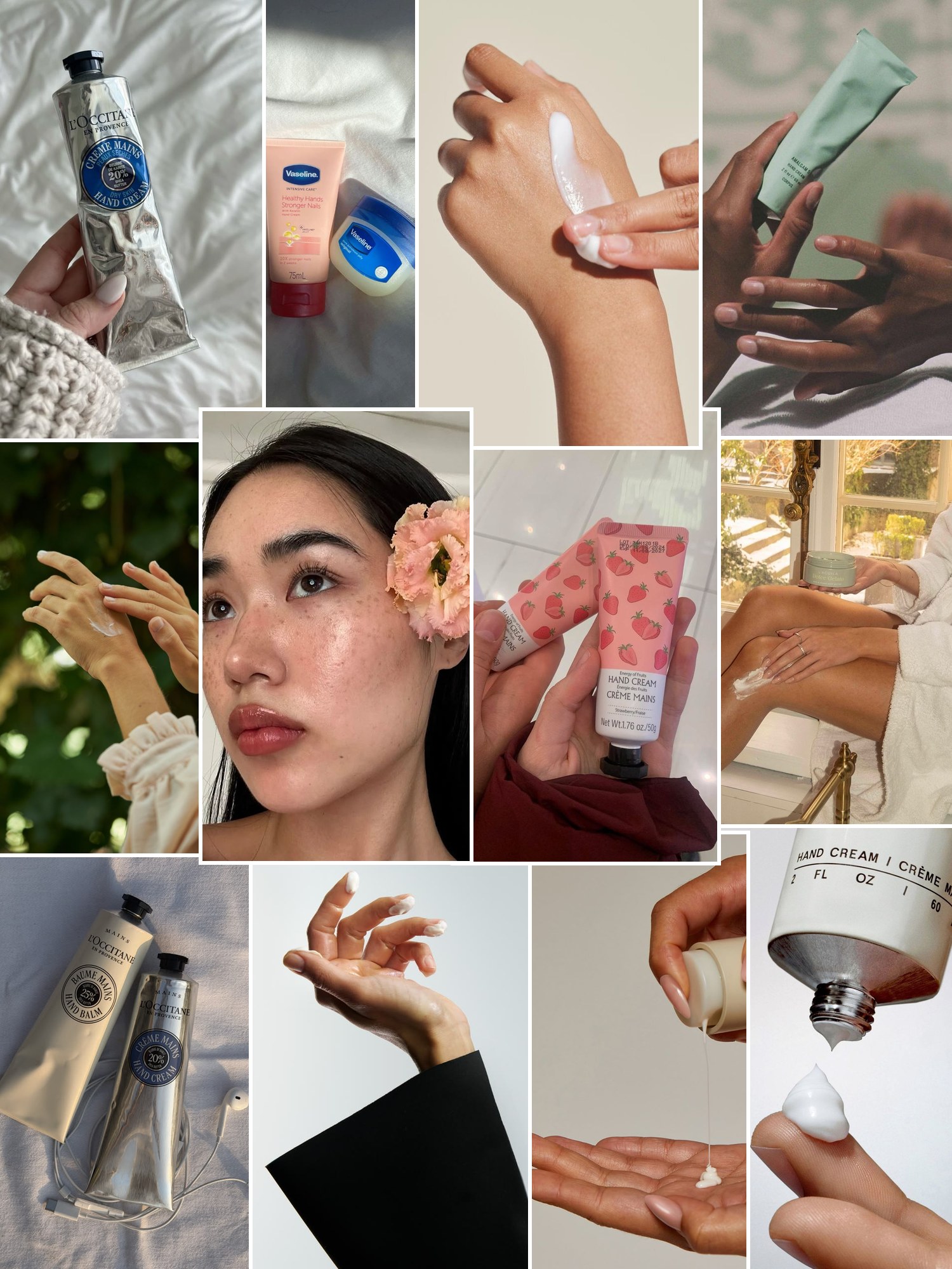 Collage of hands with hand cream, rings and cozy knits