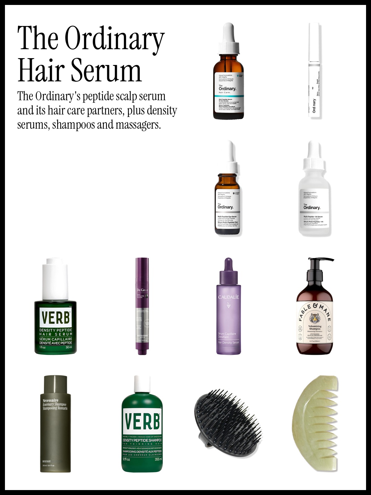 Collage of The Ordinary Multi-Peptide Serum for Hair Density, The Ordinary Multi-Peptide Lash and Brow Serum and Verb Density Peptide Scalp Serum